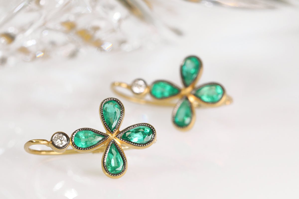 Cathy Waterman Blackened 22K Gold Bezel-Set Emerald "Star" Earrings with Diamond