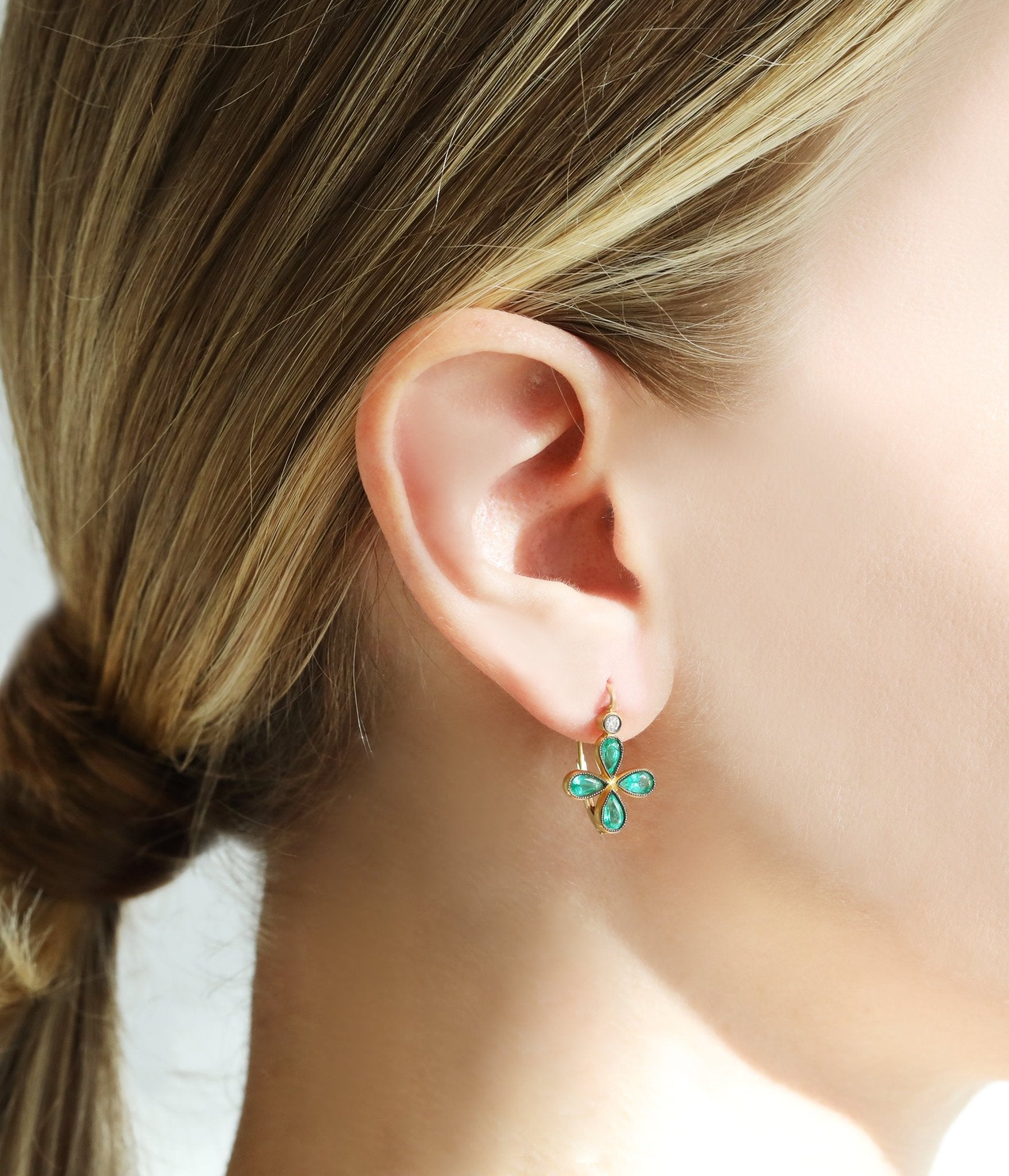 Cathy Waterman Blackened 22K Gold Bezel-Set Emerald "Star" Earrings with Diamond