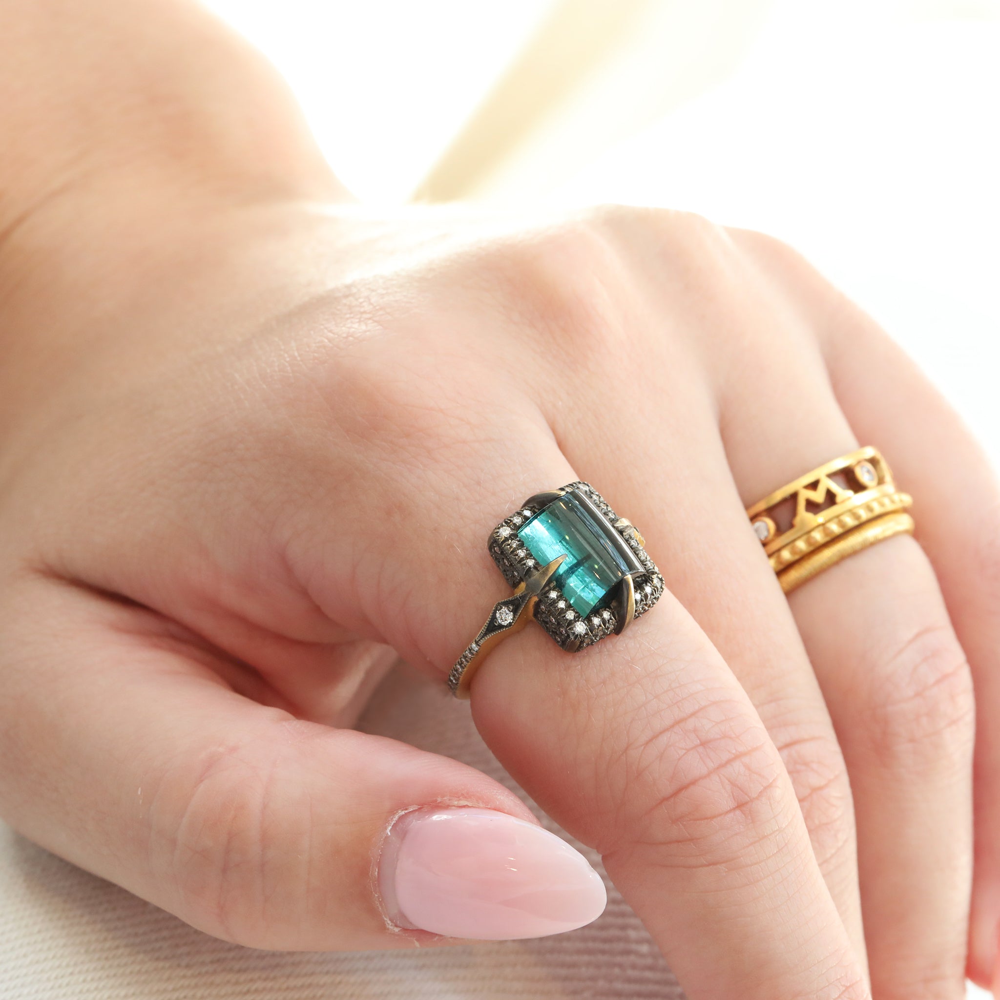 Blackened 22K Gold & Diamond "Venus" Ring with Blue-Green Tourmaline Center - Peridot Fine Jewelry - Cathy Waterman