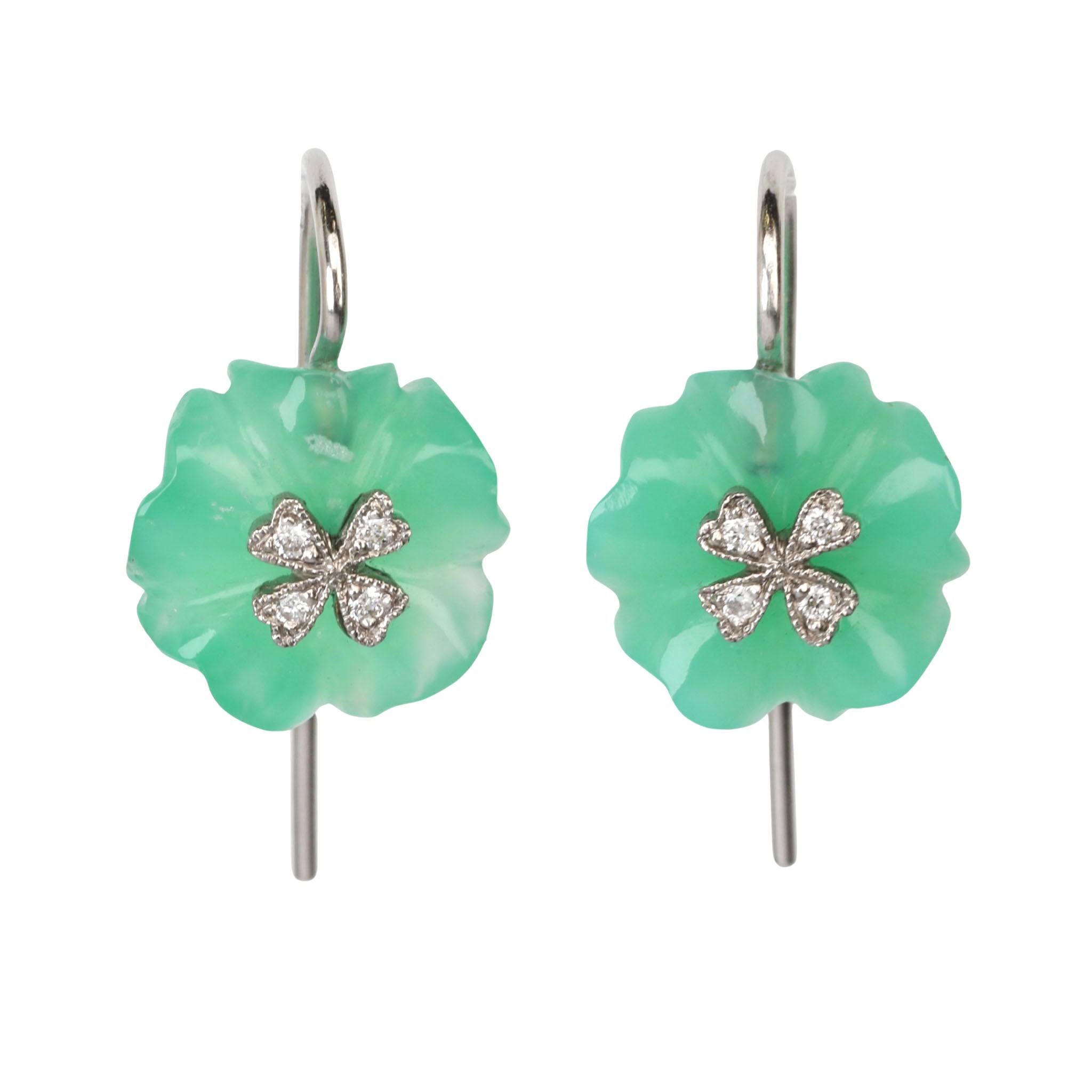 Carved Chrysoprase &quot;Wildflower&quot; Earrings with Platinum &amp; Diamond Overlay - Peridot Fine Jewelry - Cathy Waterman