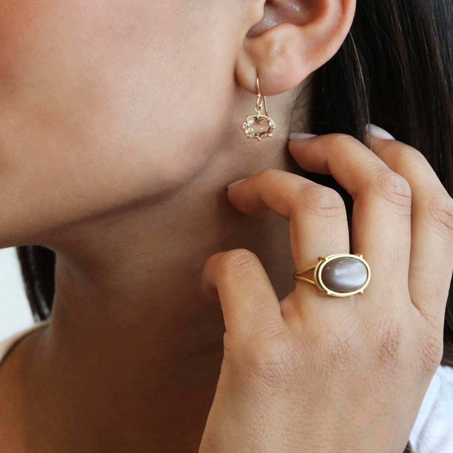 Rosanne Pugliese Chocolate Cabochon Moonstone in 18 Karat Yellow Gold Cage Setting