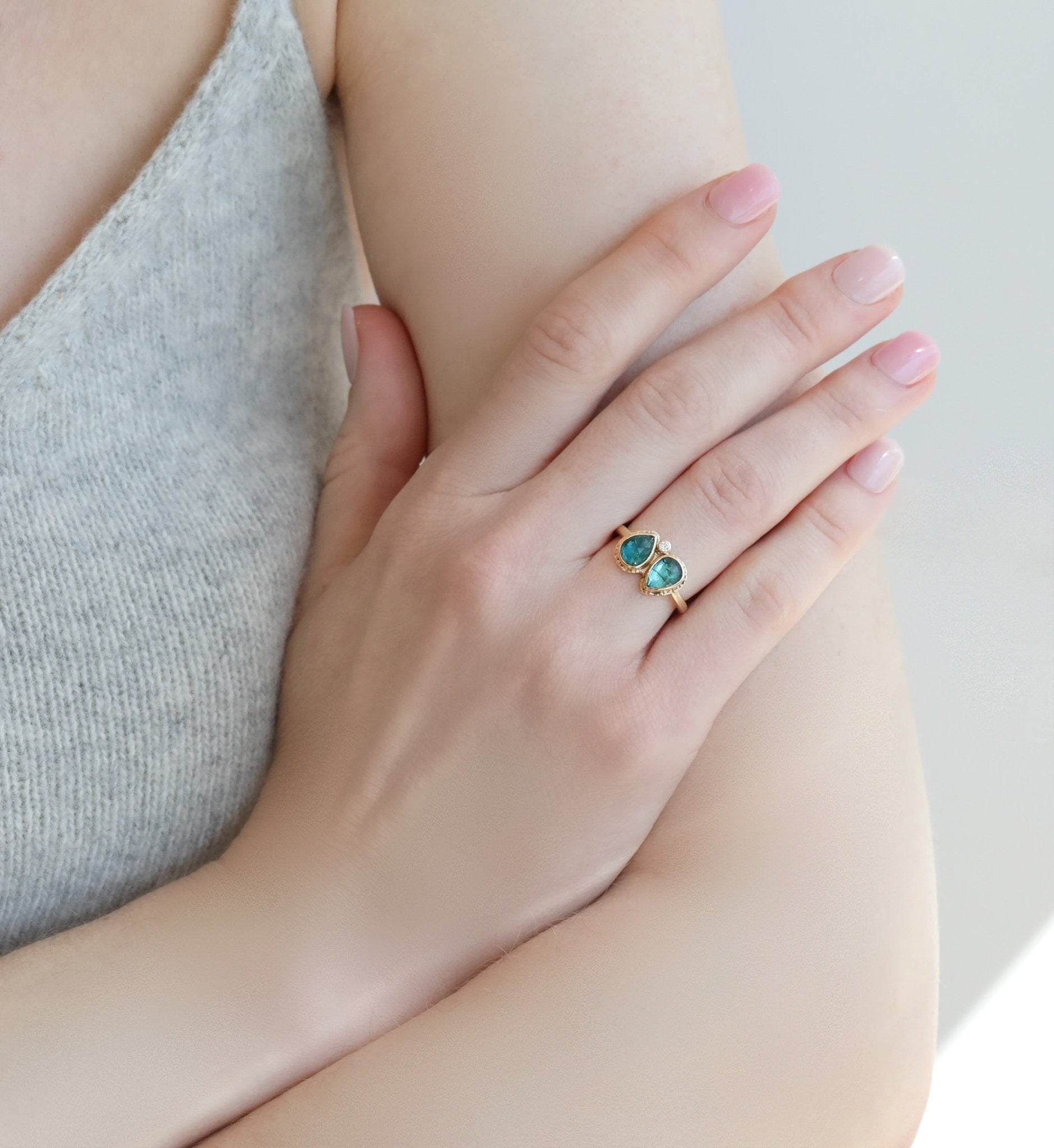 Jamie Joseph Double Teardrop Indicolite Ring with Single Diamond