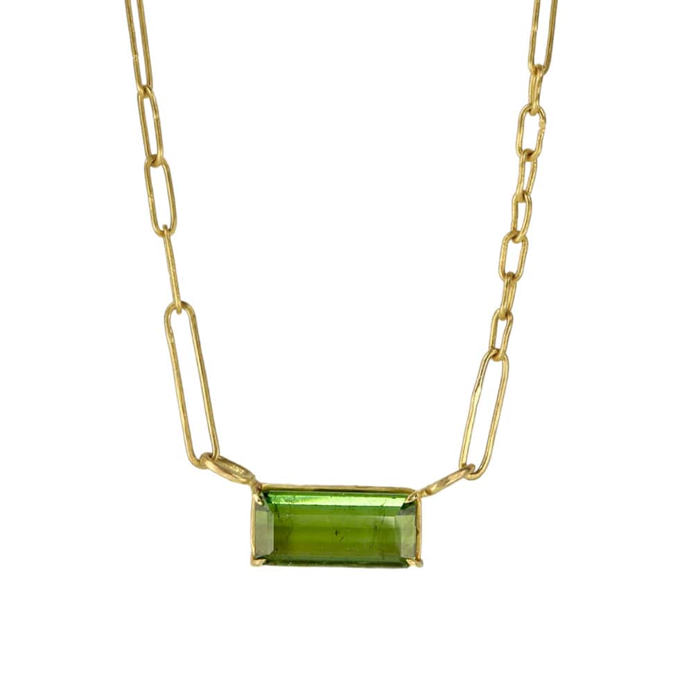 Rosanne Pugliese East-West Emerald Cut Green Tourmaline Bar Pendant on 22K Gold Handmade Chain