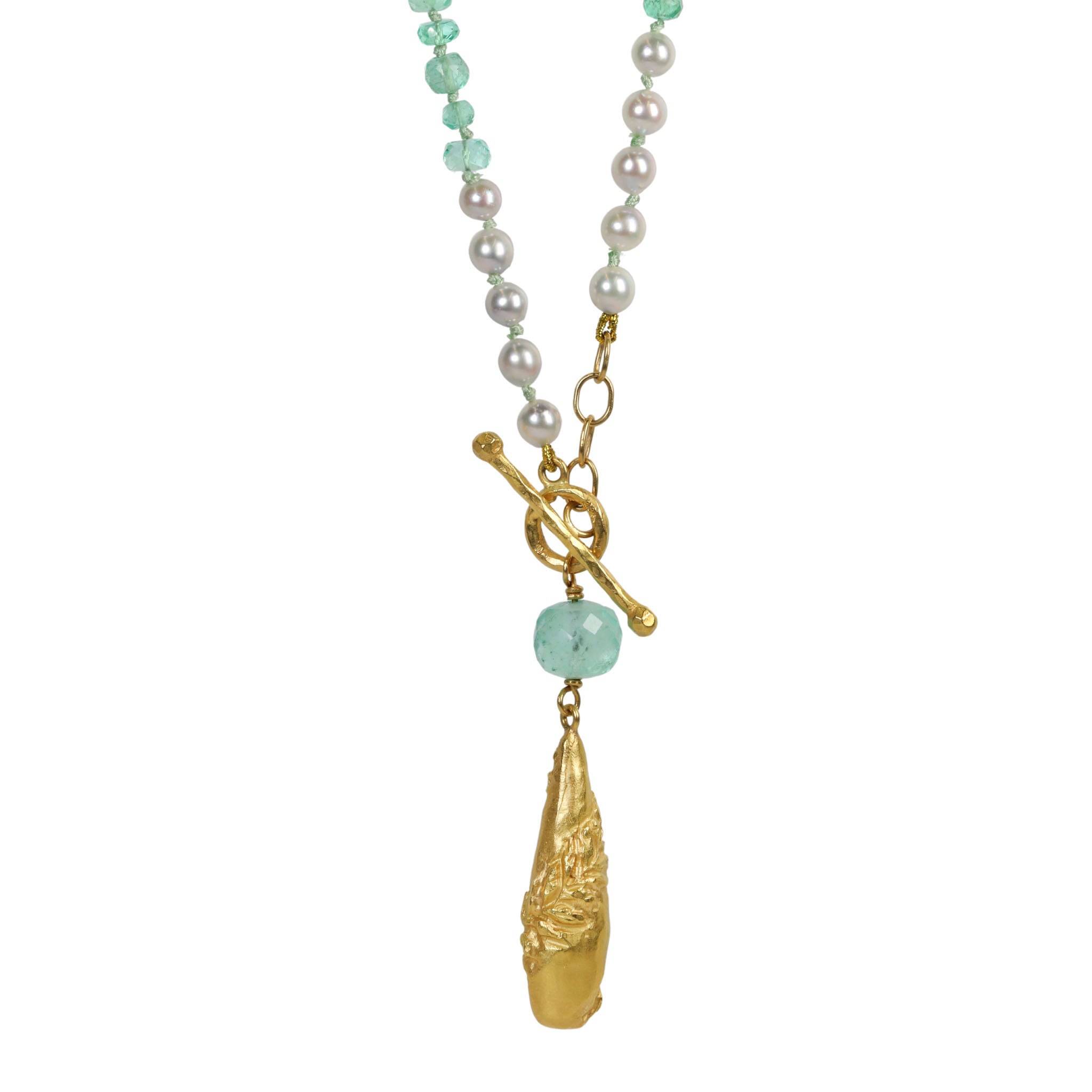 Emerald &amp; Pearl Beaded Necklace with Vine-Wrapped Breaulette Pendant - Peridot Fine Jewelry - Cathy Waterman