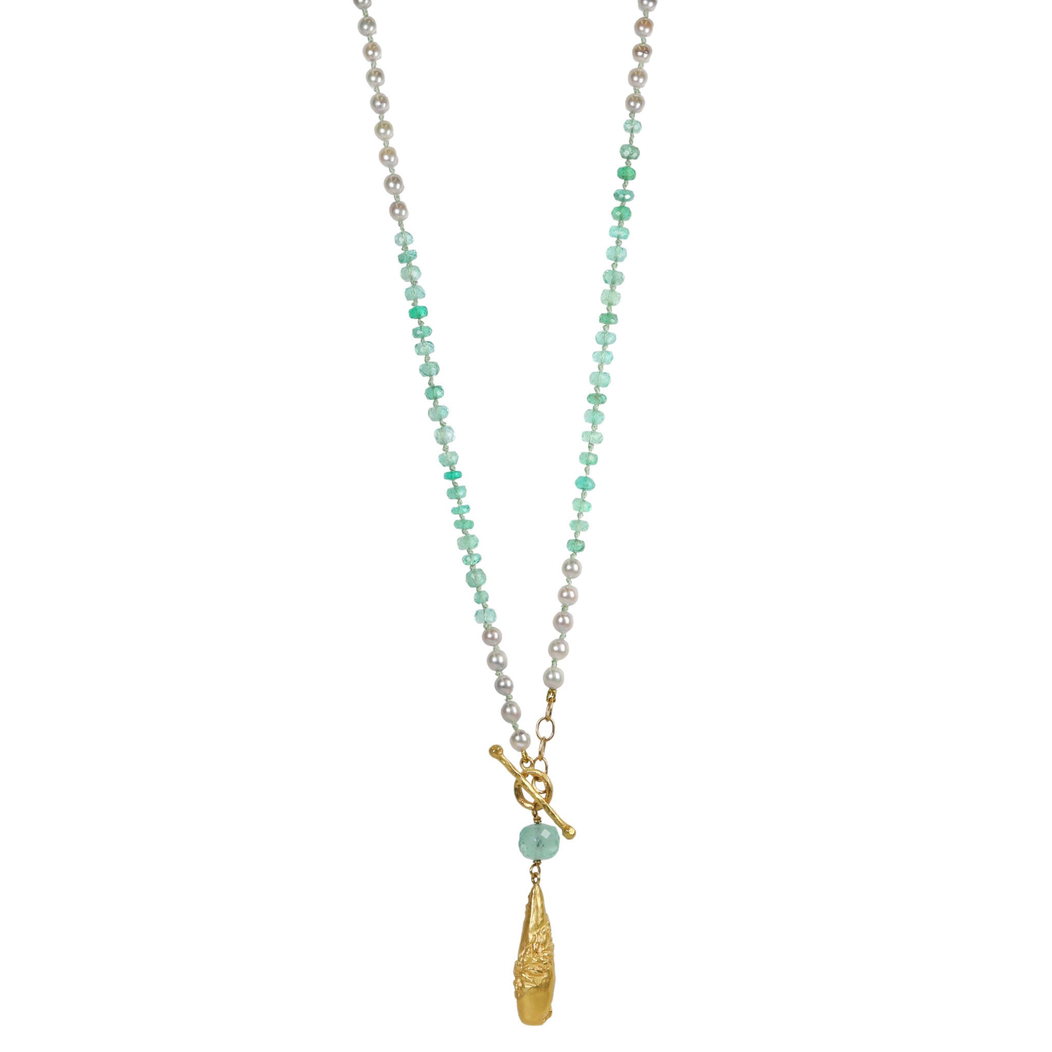 Emerald &amp; Pearl Beaded Necklace with Vine-Wrapped Breaulette Pendant - Peridot Fine Jewelry - Cathy Waterman