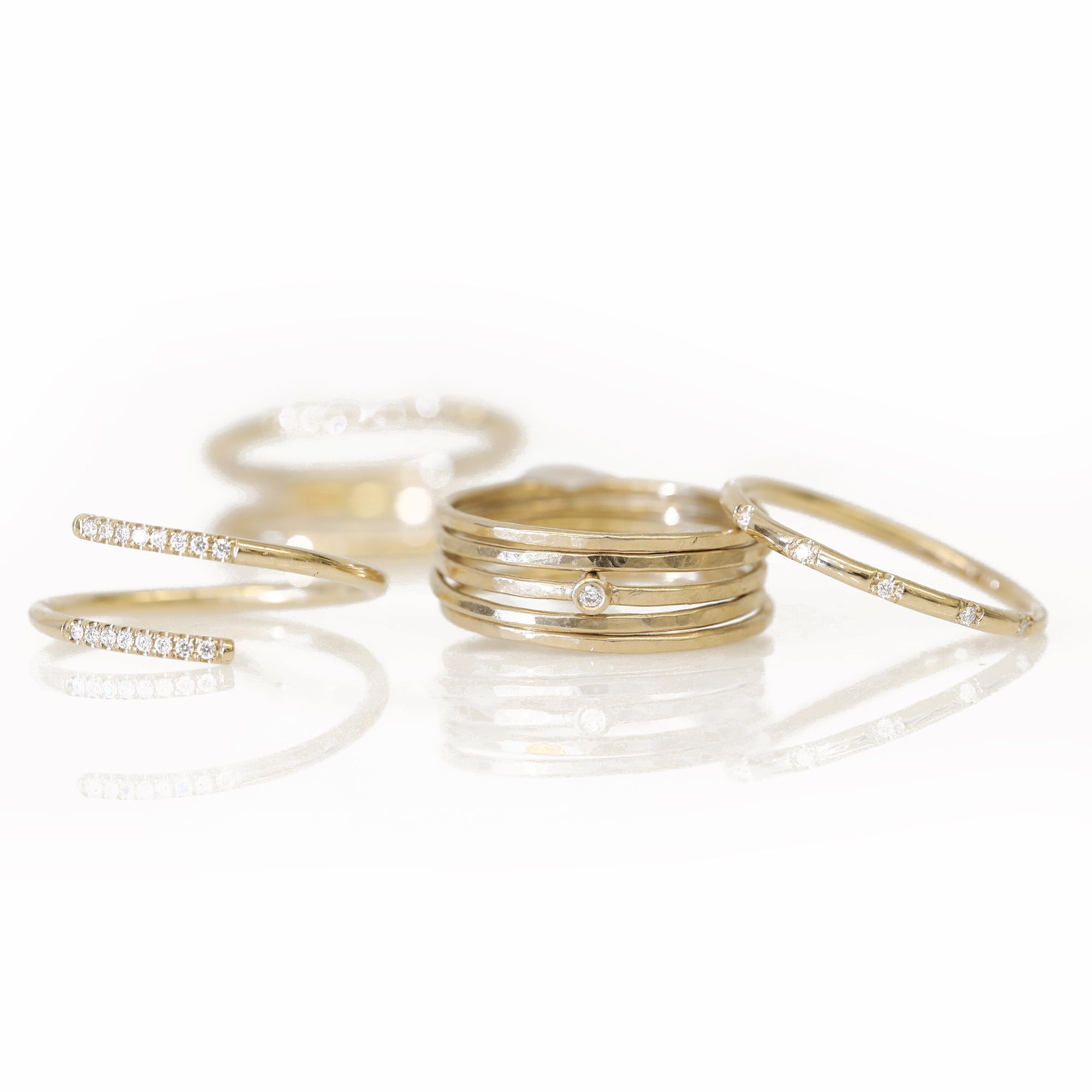 Zoe Chicco Five Gold Thin Hammered Stacking Rings with Single Diamond