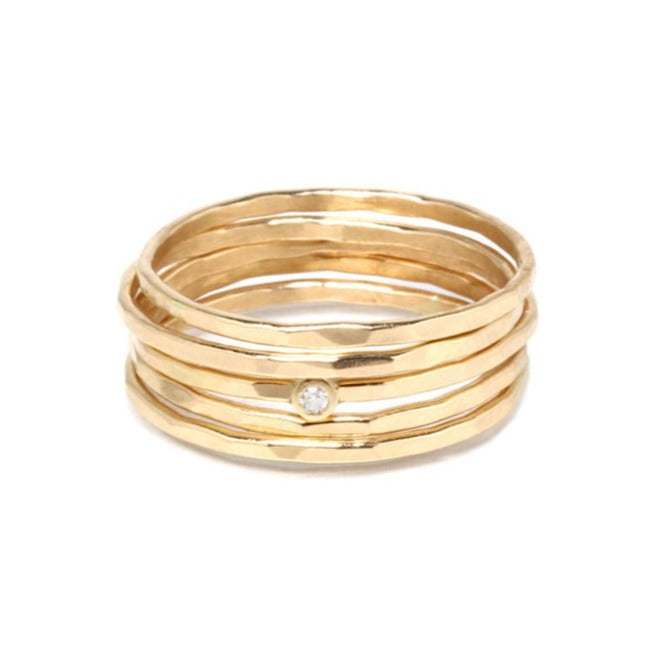 Zoe Chicco Five Gold Thin Hammered Stacking Rings with Single Diamond
