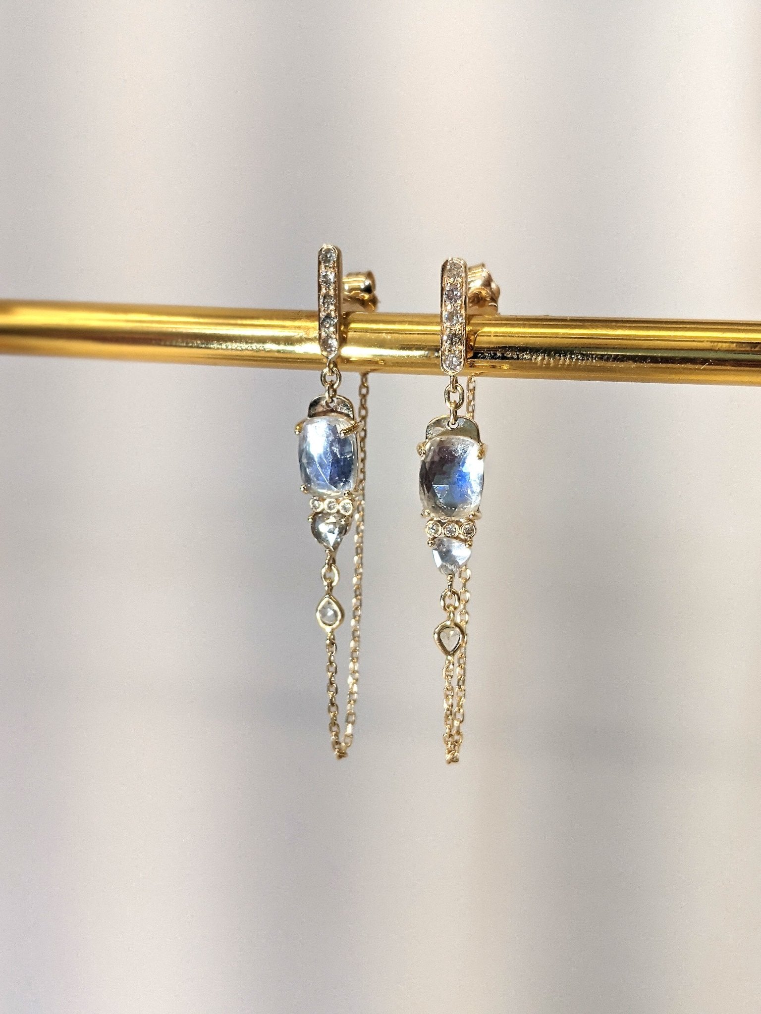 Front-to-Back Chain Earrings with Rosecut Moonstone Tablets - Peridot Fine Jewelry - Celine Daoust