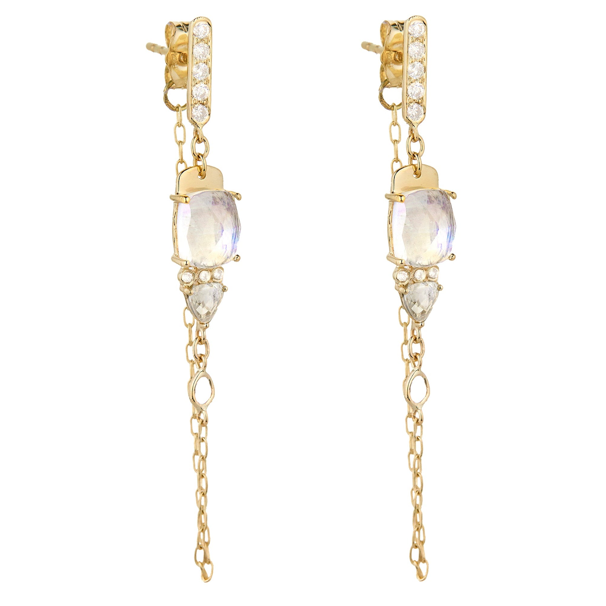 Front-to-Back Chain Earrings with Rosecut Moonstone Tablets - Peridot Fine Jewelry - Celine Daoust