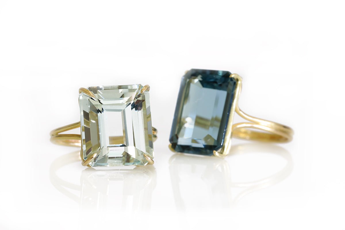 Gold and Emerald Cut London Blue Topaz Ring