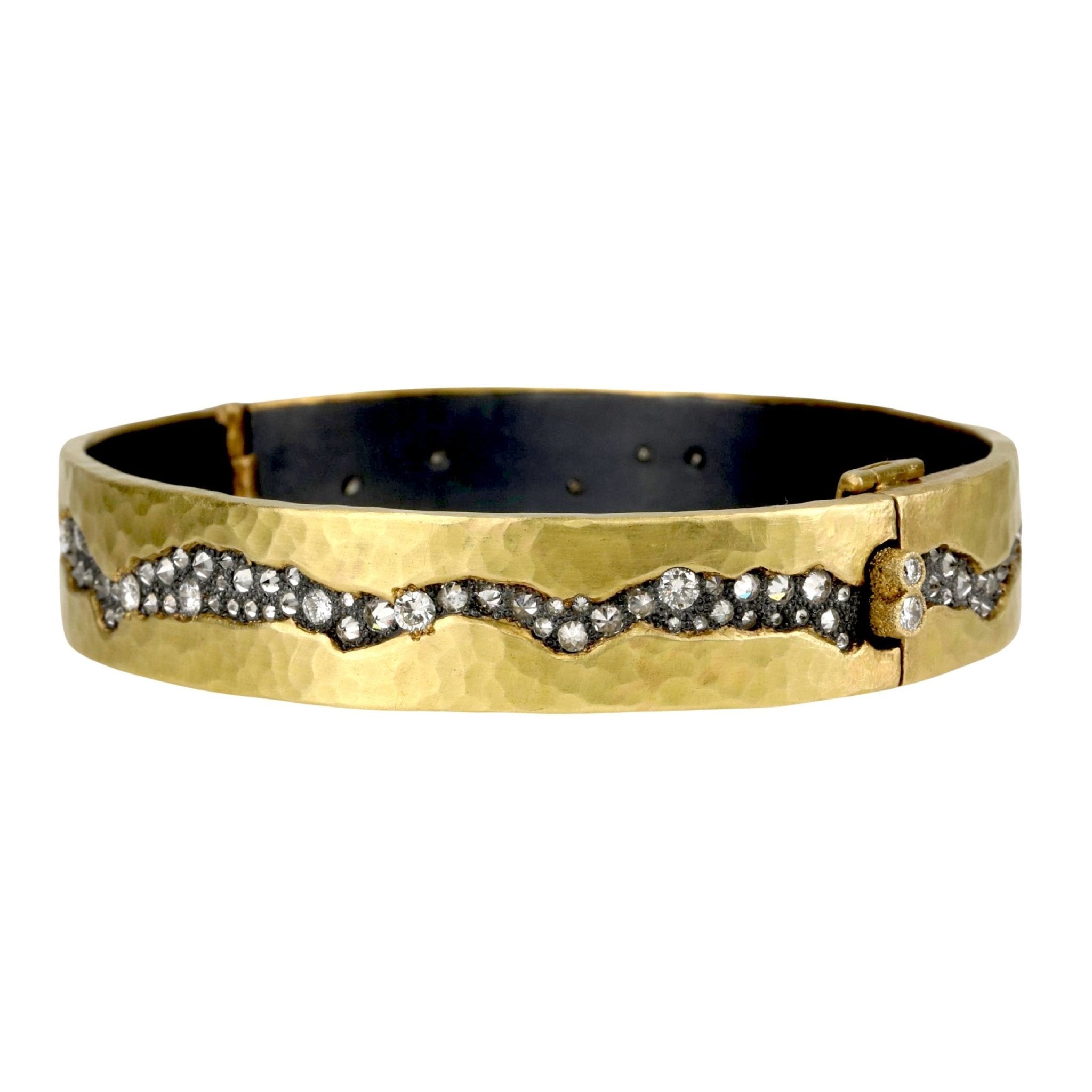 TAP by Todd Pownell Gold and Oxidized Sterling Silver Hinged Bangle with White Diamond &quot;Fissure&quot;