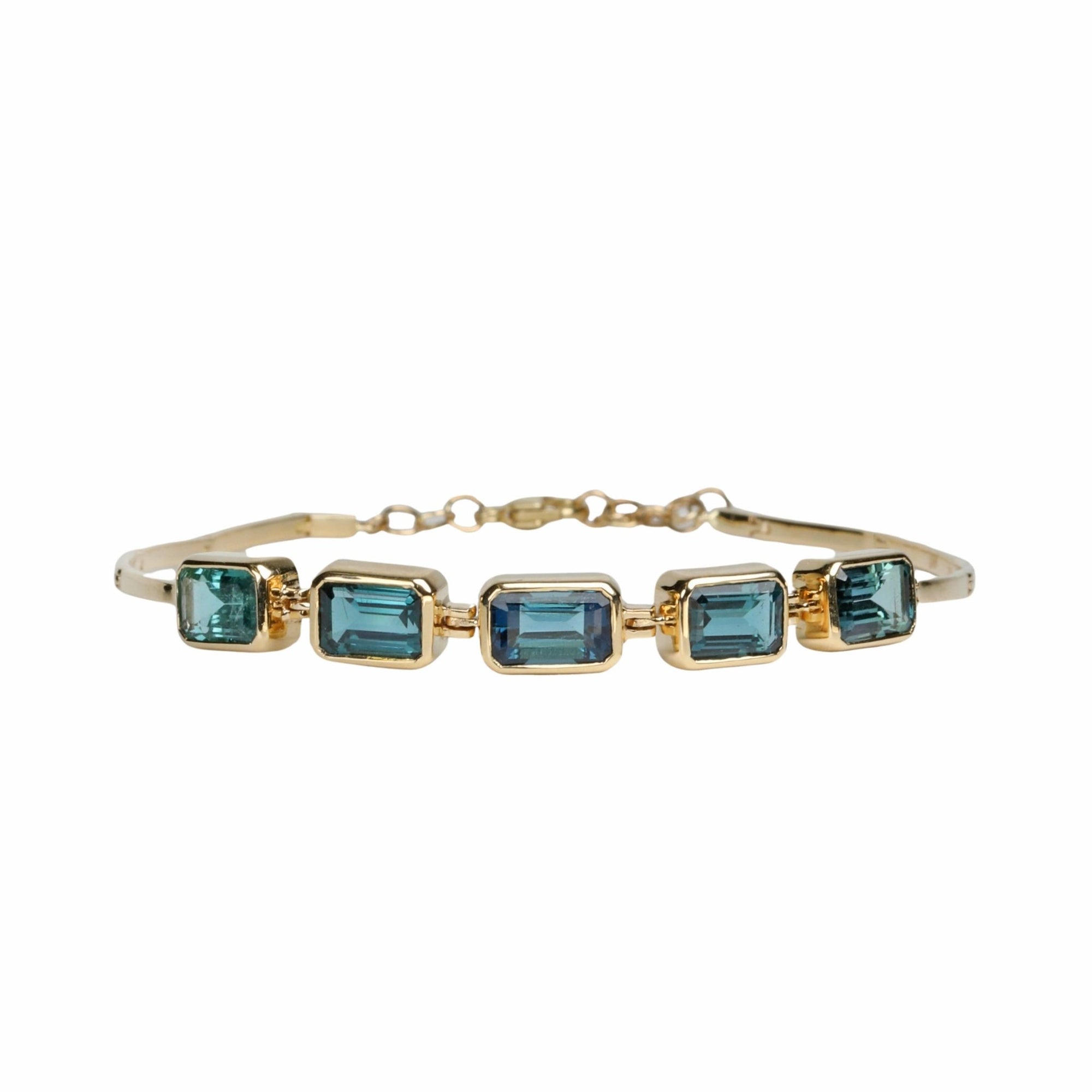 Gold &quot;Articulated&quot; Bezel-Set Blue-Green Tourmaline Baguette Bracelet - Peridot Fine Jewelry - Celine Daoust