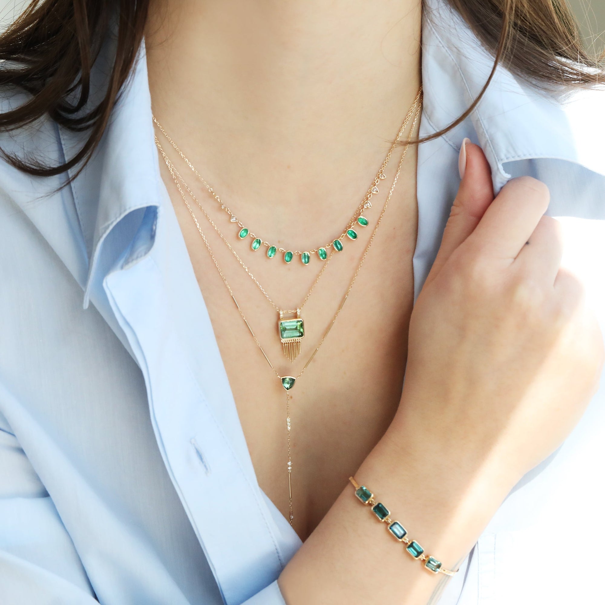 Gold &quot;Articulated&quot; Bezel-Set Blue-Green Tourmaline Baguette Bracelet - Peridot Fine Jewelry - Celine Daoust