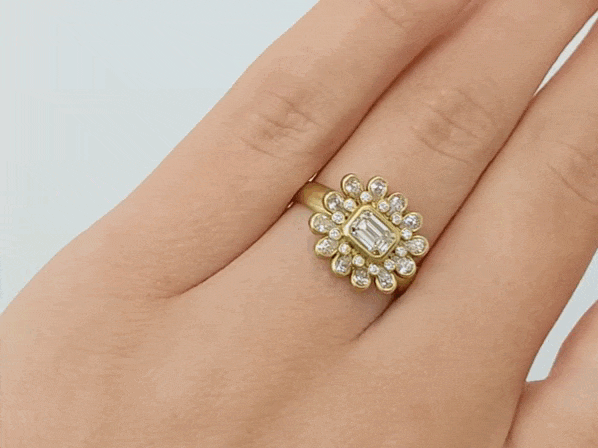Gold Bezel-Set Emerald-Cut Diamond Ring with Teardrop Halo
