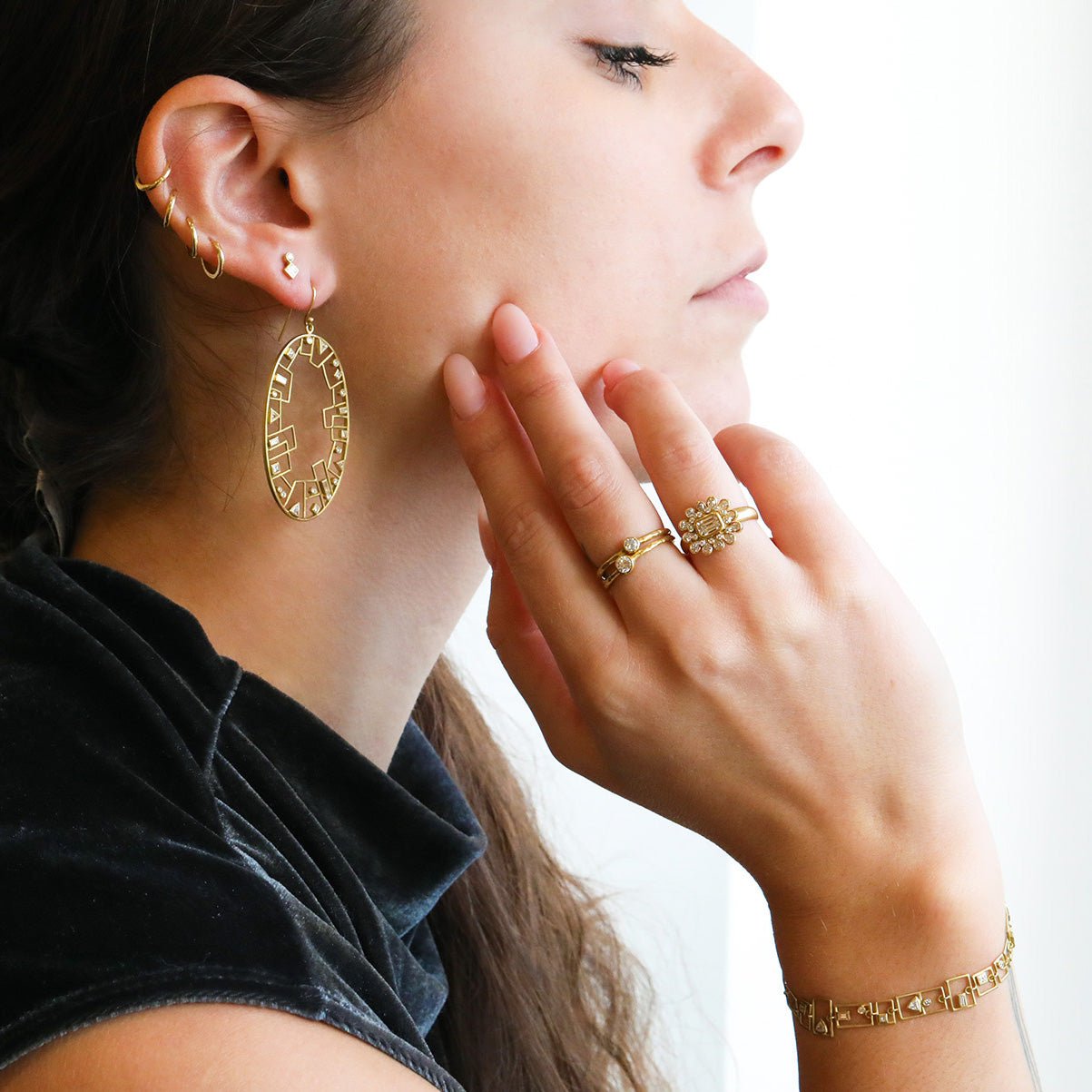 Gold Bezel-Set Emerald-Cut Diamond Ring with Teardrop Halo - Peridot Fine Jewelry - Kothari