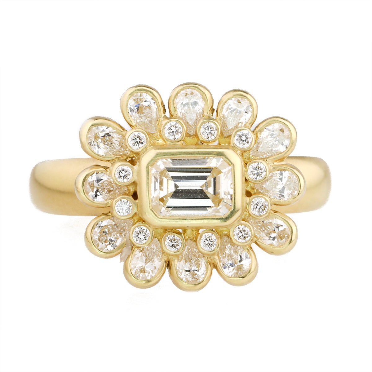 Gold Bezel-Set Emerald-Cut Diamond Ring with Teardrop Halo