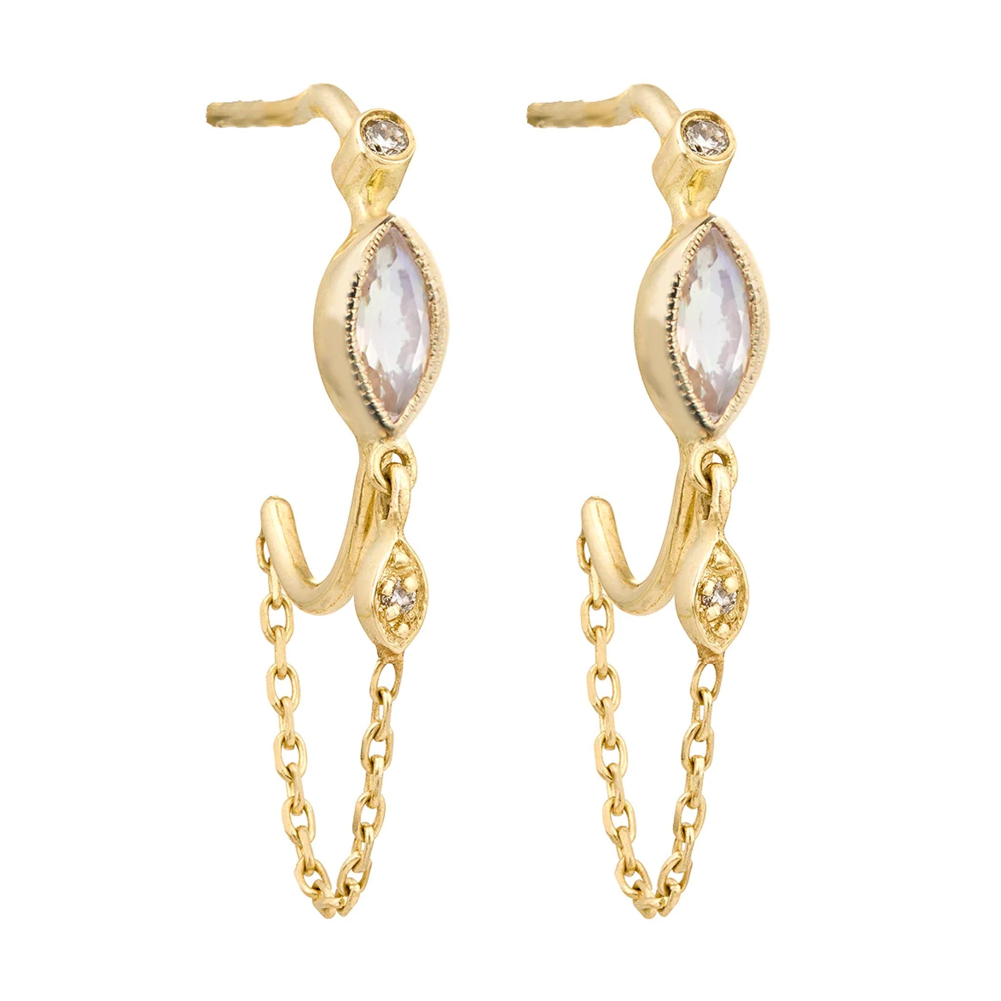 Celine Daoust Gold Bezel-Set Marquise Moonstone Hoop Earrings with Chain