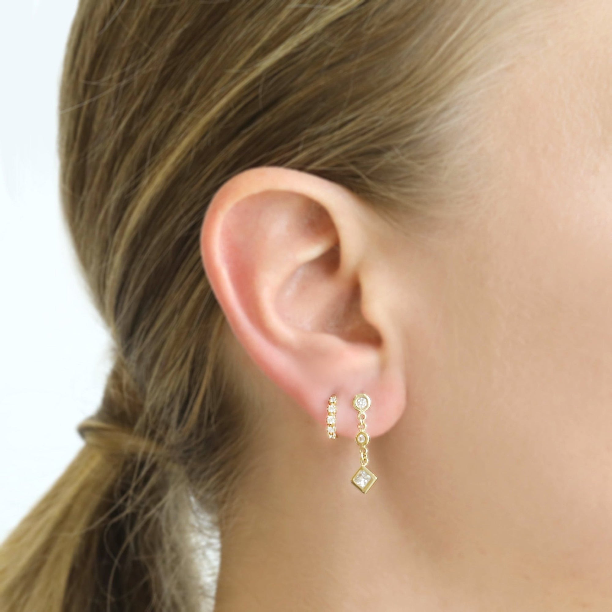 Jacquie Aiche Gold Bezel-Set Round &amp; Princess-Cut Diamond Earring