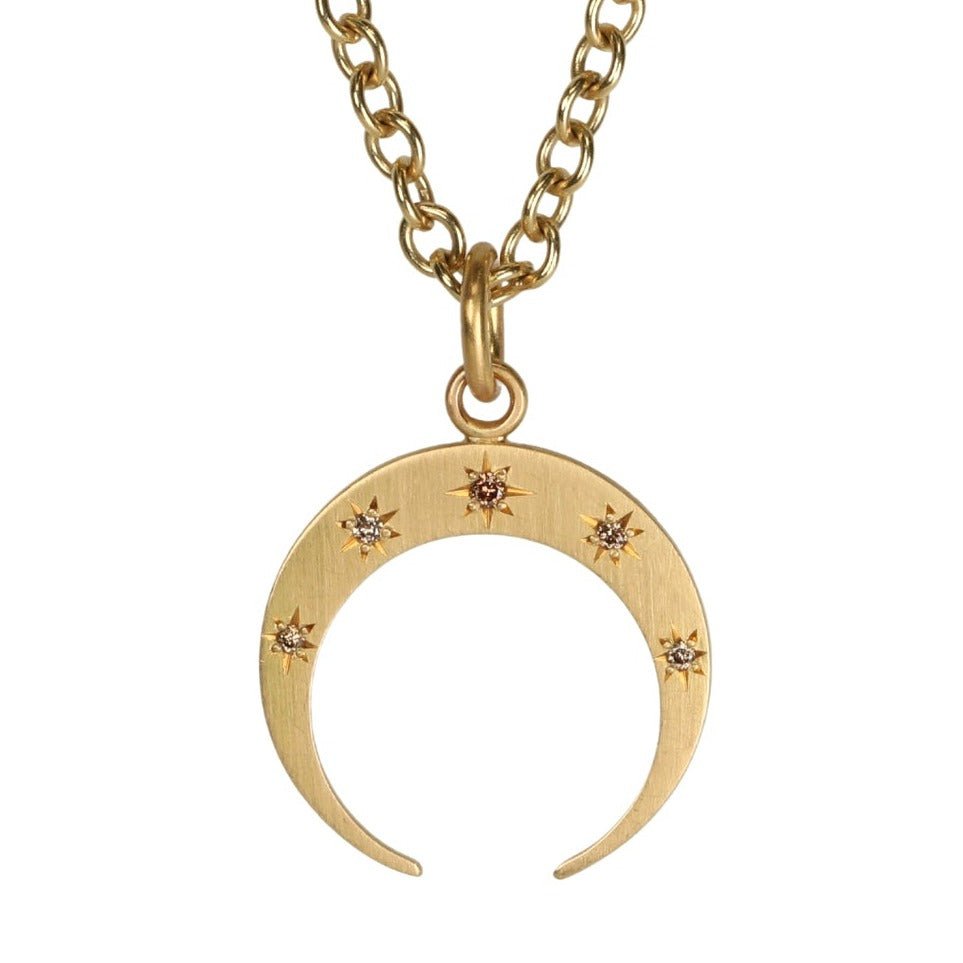 Gold &quot;Crescent Moon&quot; Pendant with Five Star-Set Cognac Diamonds - Peridot Fine Jewelry - Caroline Ellen