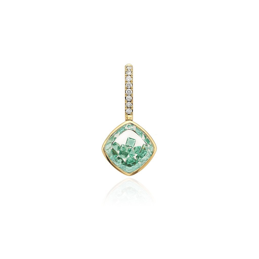 Gold Cushion-Shaped Emerald &quot;Shake&quot; Charm with Pave Diamond Bale - Peridot Fine Jewelry - Moritz Glik