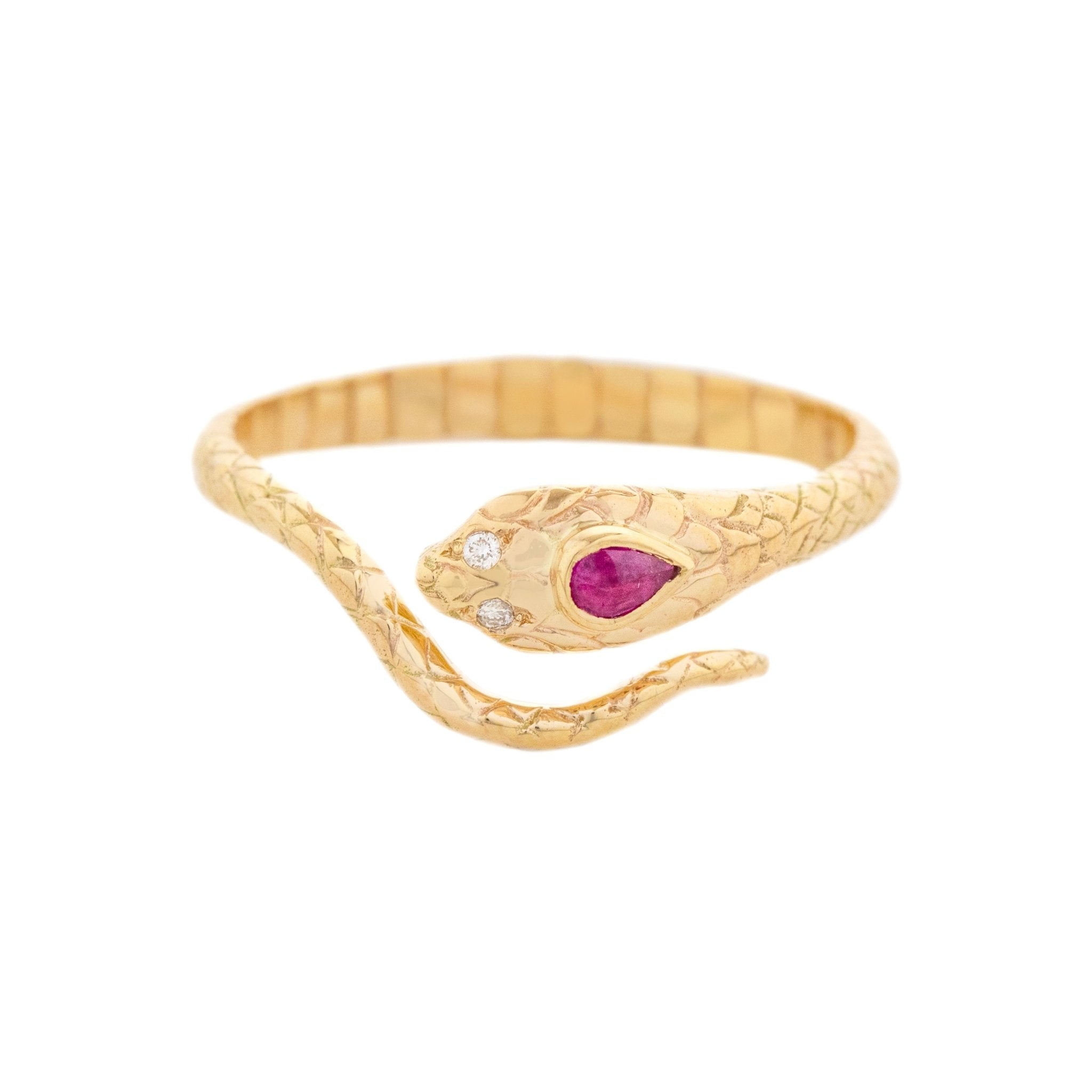 Gold Engraved &quot;Cobra&quot; Ring with Ruby &amp; Diamonds - Peridot Fine Jewelry - Celine Daoust