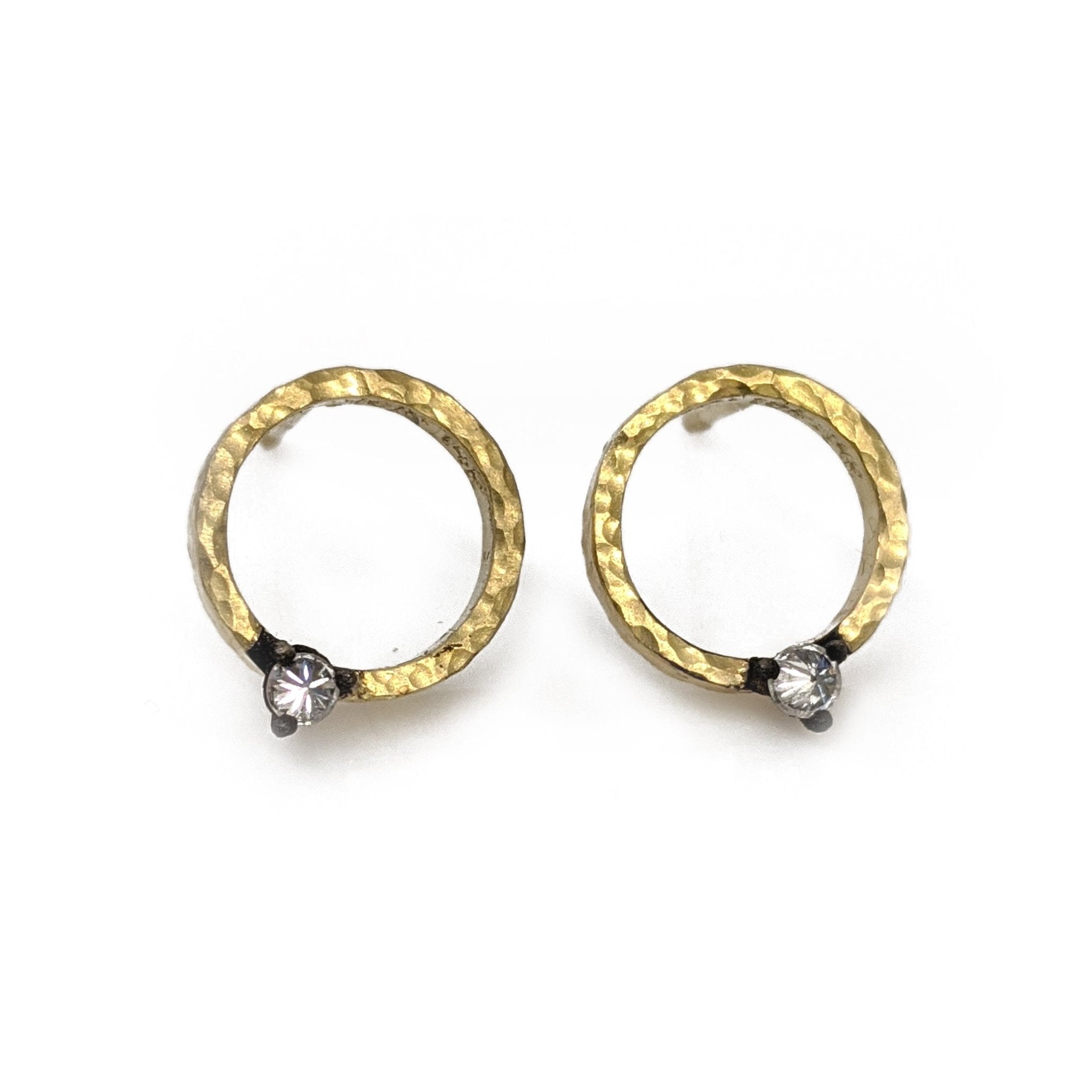 Gold Hammered Open Circle Earrings with Single Blackened Inverted Diamond