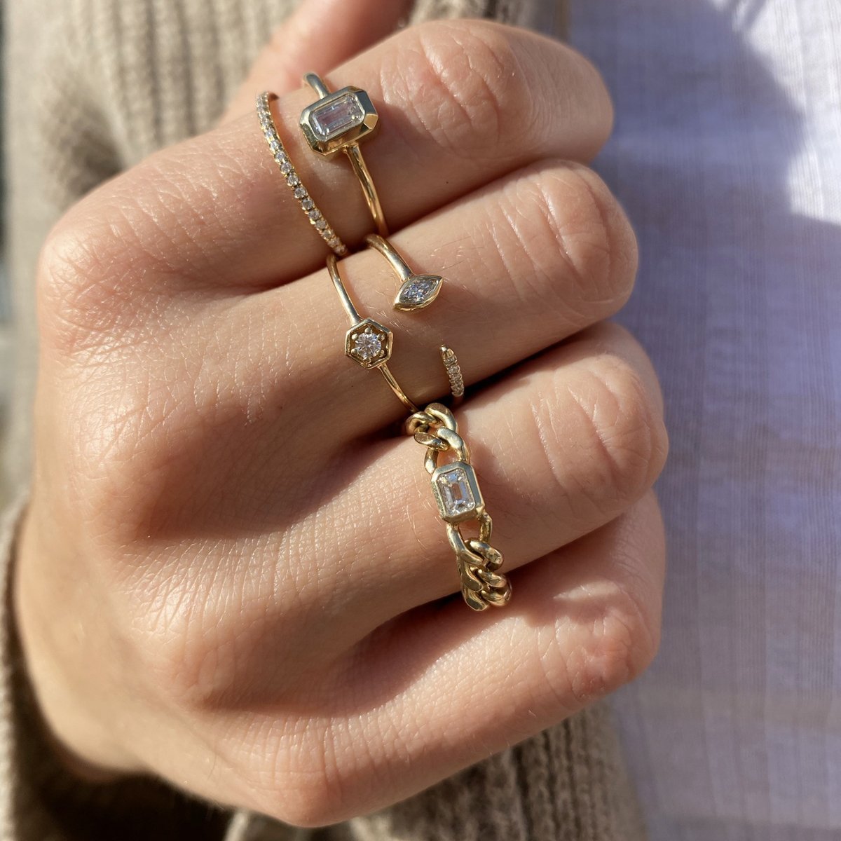 Gold Hexagonal Prong-Set Diamond Ring