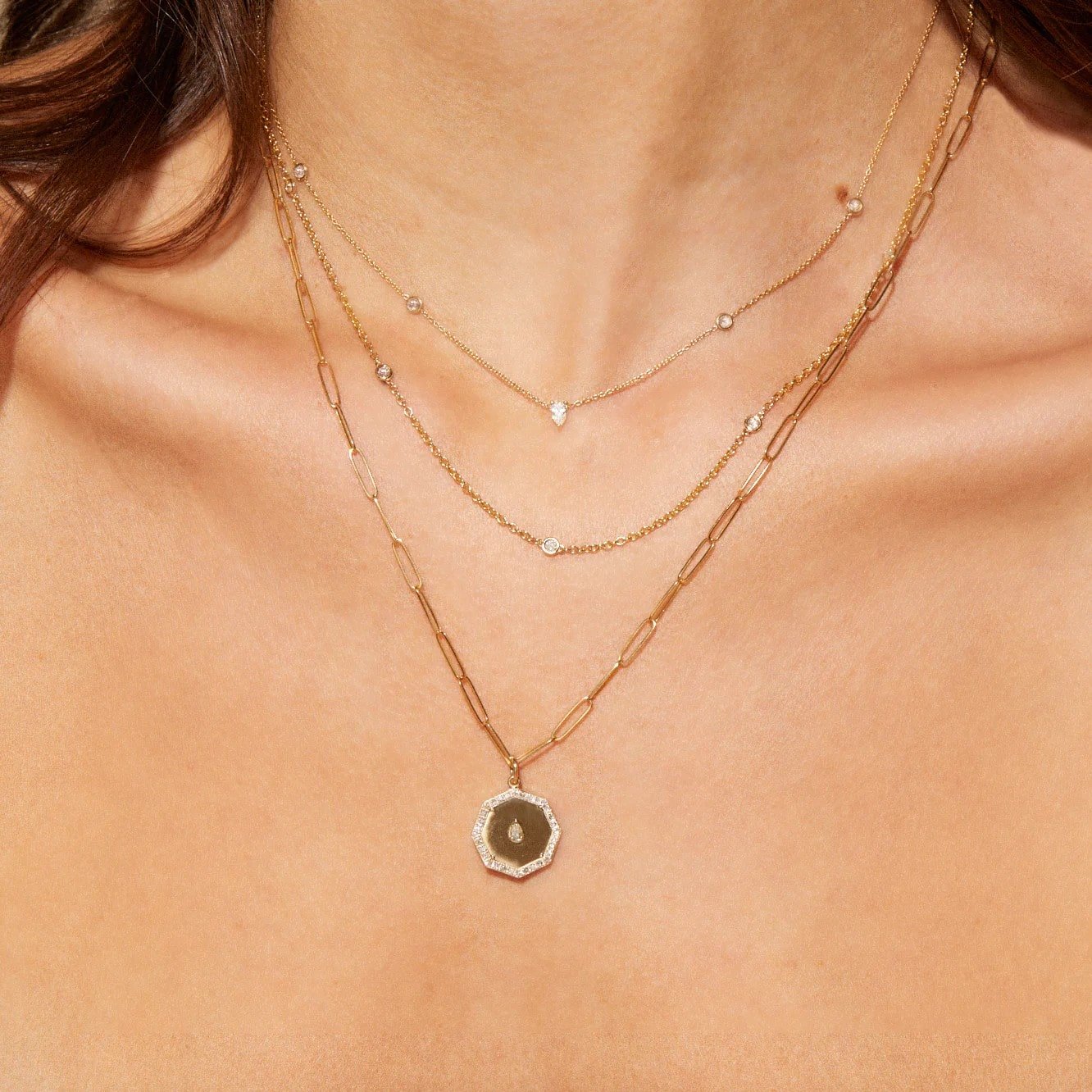 Gold Large Pear-Shaped Diamond Bezel Chain - Peridot Fine Jewelry - Zahava