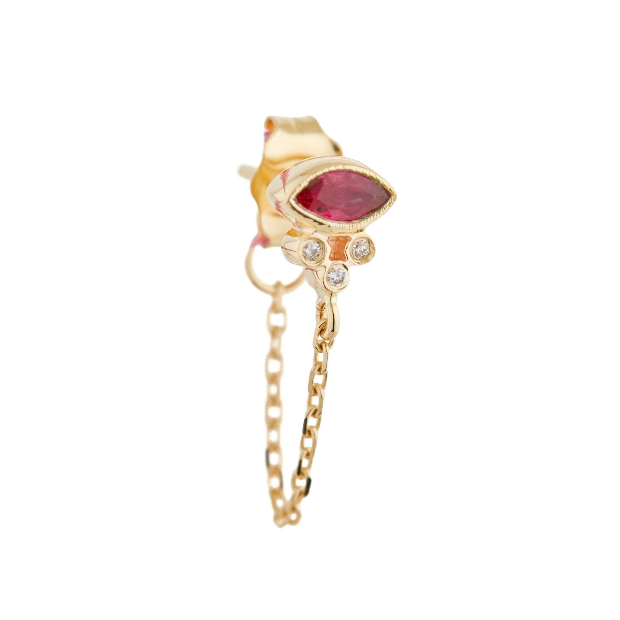 Celine Daoust Gold Marquise Bezel-Set Ruby Stud with Diamonds and Chain