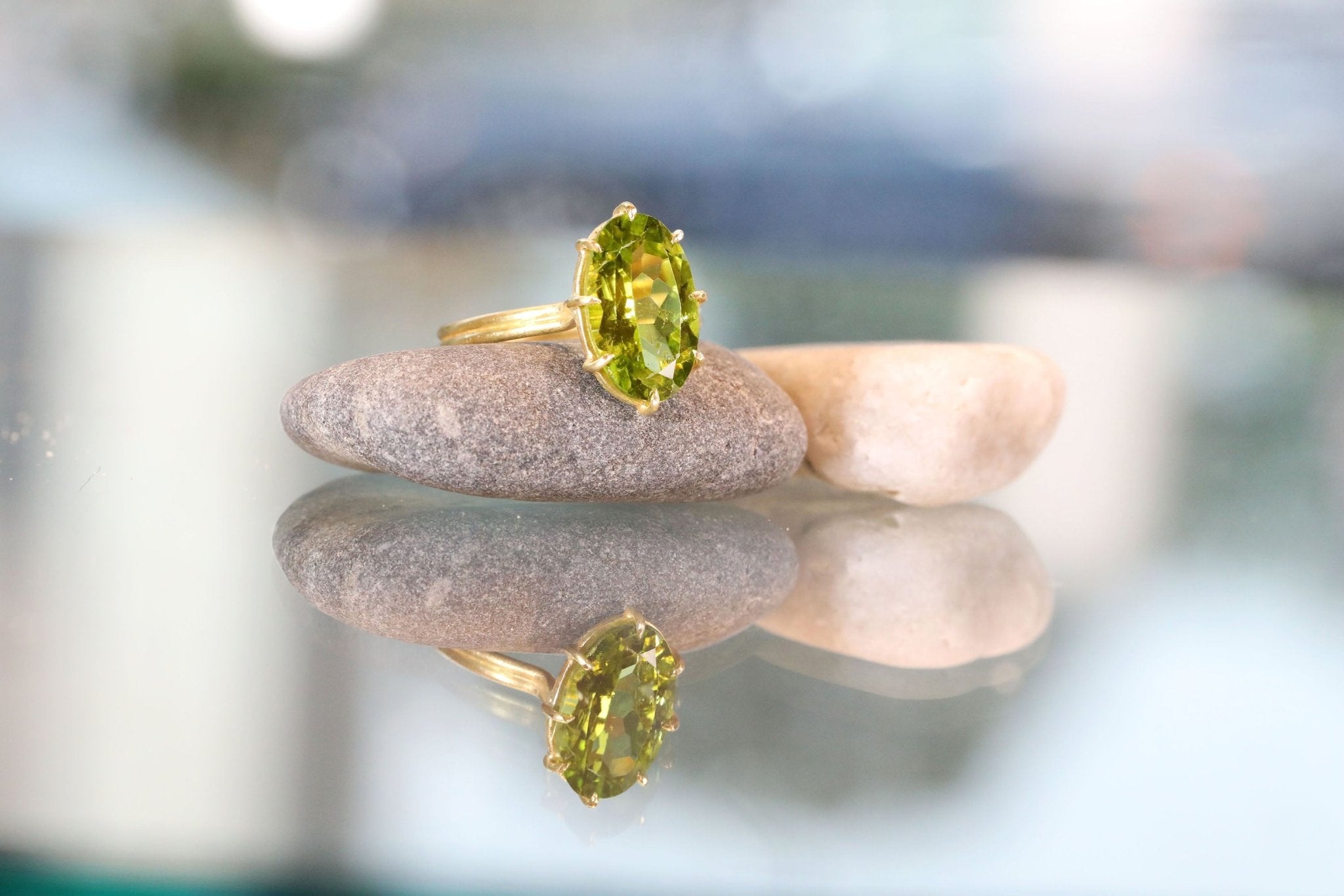 Rosanne Pugliese Gold Multi-Prong Large Vertical Oval Peridot Ring