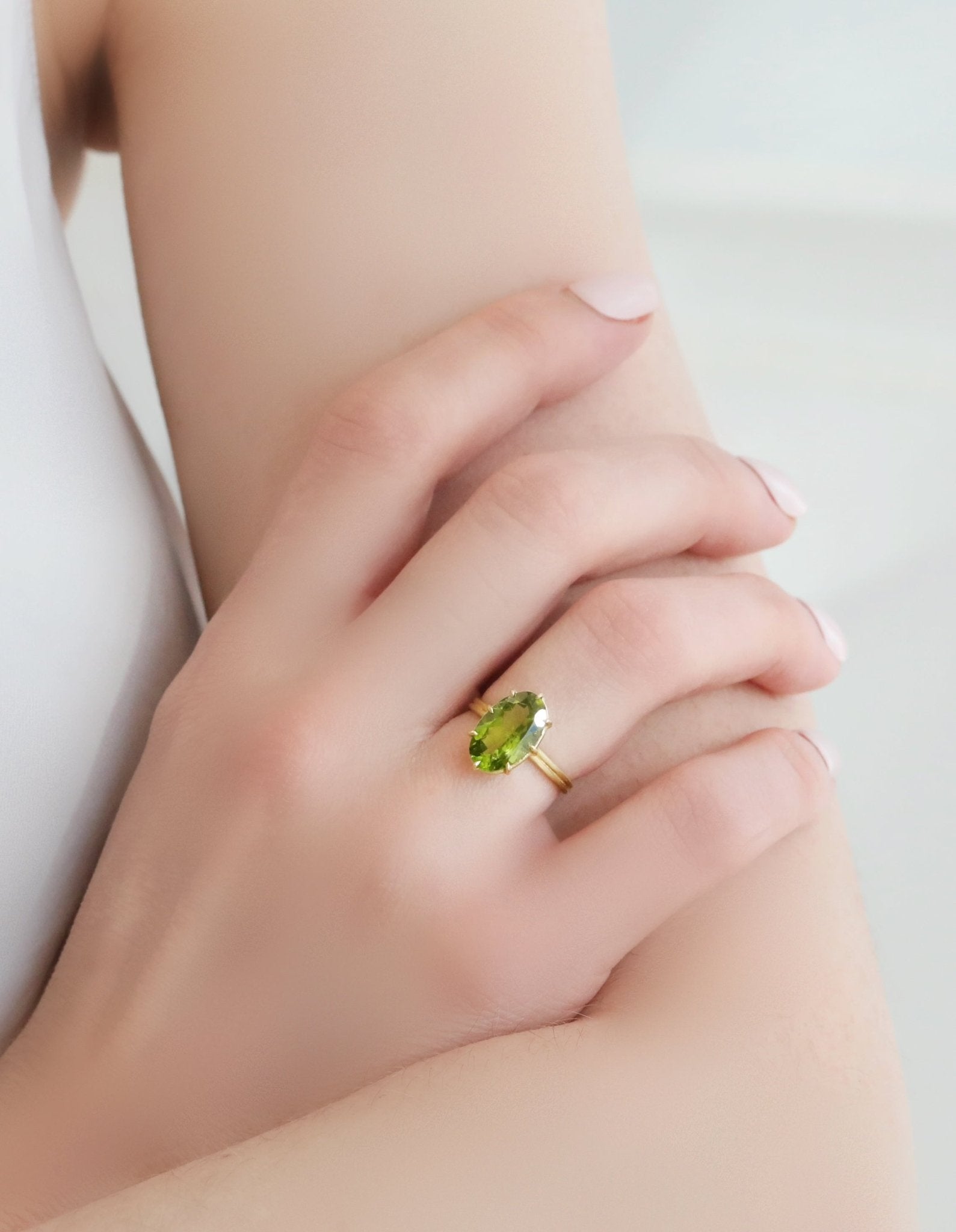 Rosanne Pugliese Gold Multi-Prong Large Vertical Oval Peridot Ring