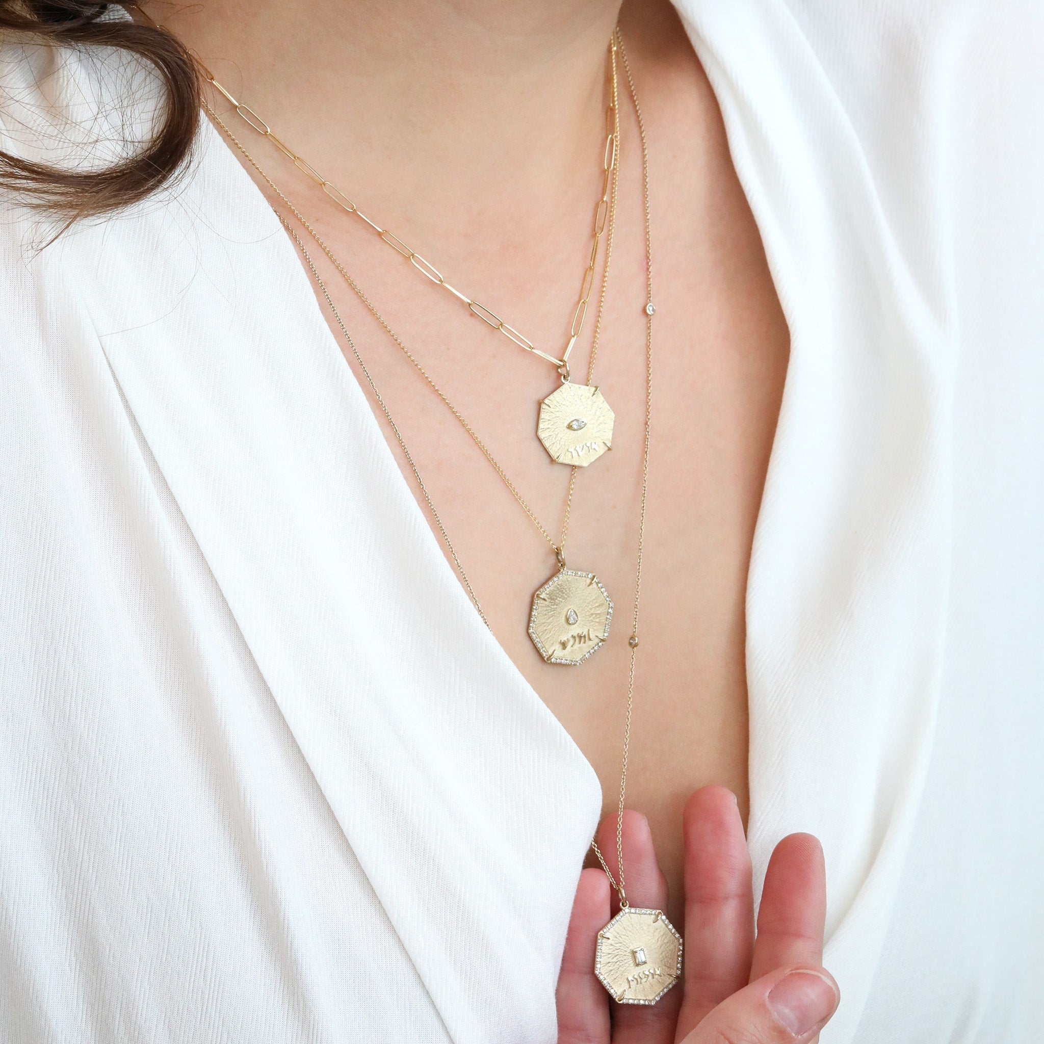 Gold Octagon &quot;Art&quot; Pendant with Baguette Diamond - Peridot Fine Jewelry - Zahava