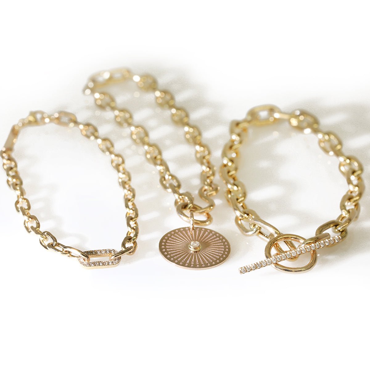 Gold Oval Link Bracelet with &quot;Sunbeam Medallion&quot; Charm