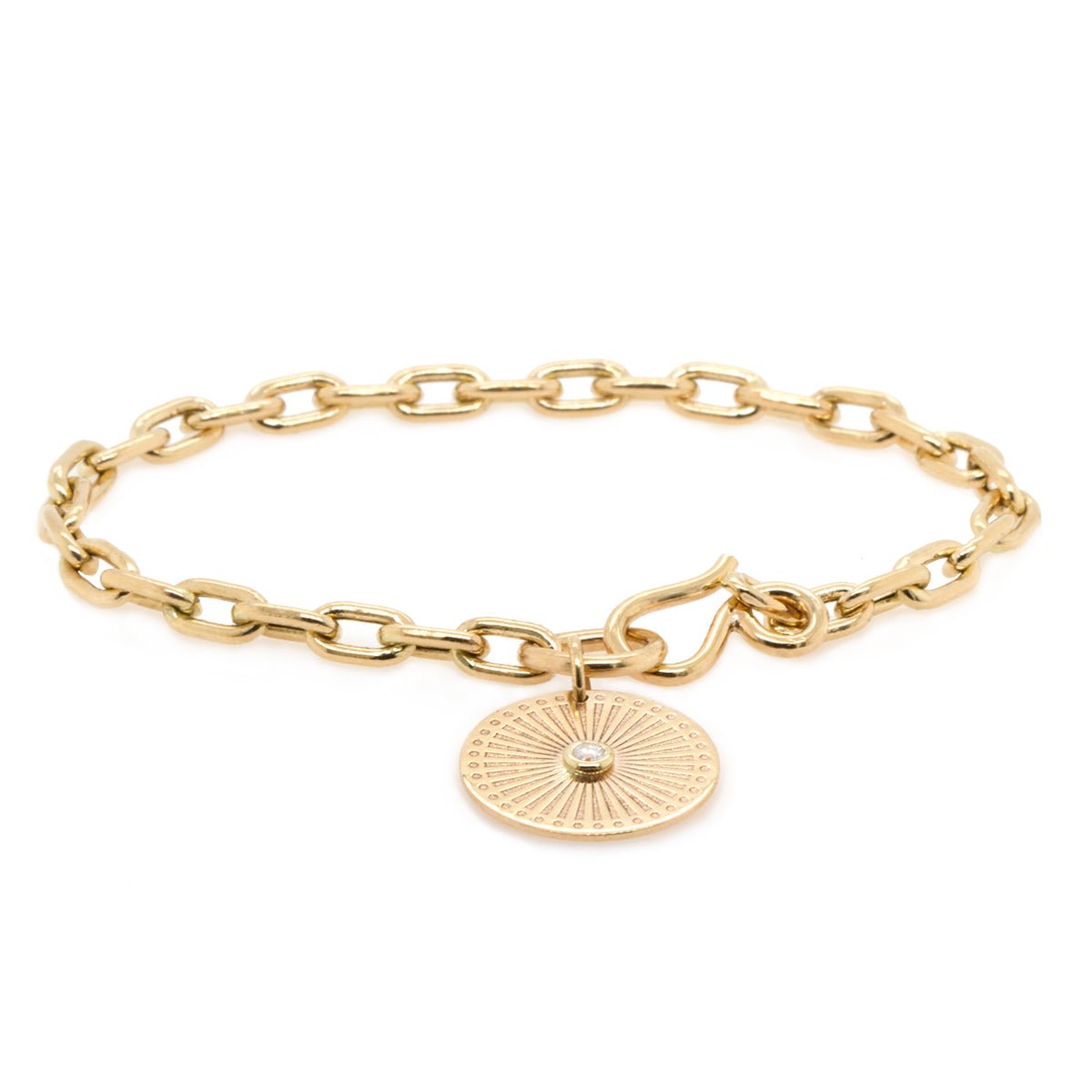 Gold Oval Link Bracelet with &quot;Sunbeam Medallion&quot; Charm