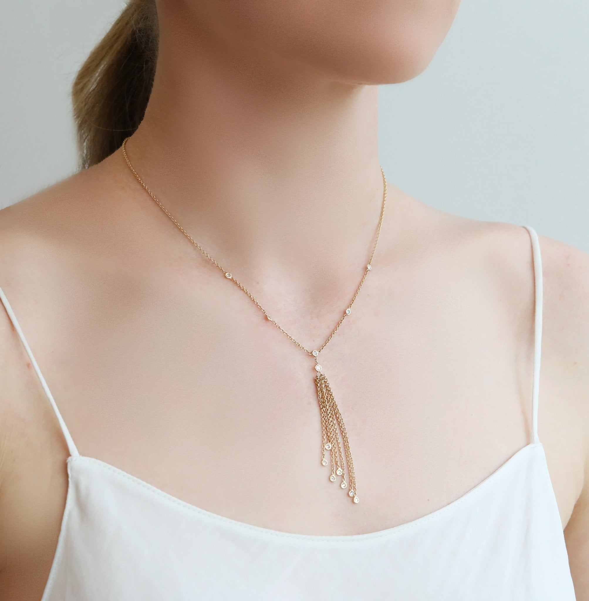 Jacquie Aiche Gold Tassel Chain Necklace with Diamond Details