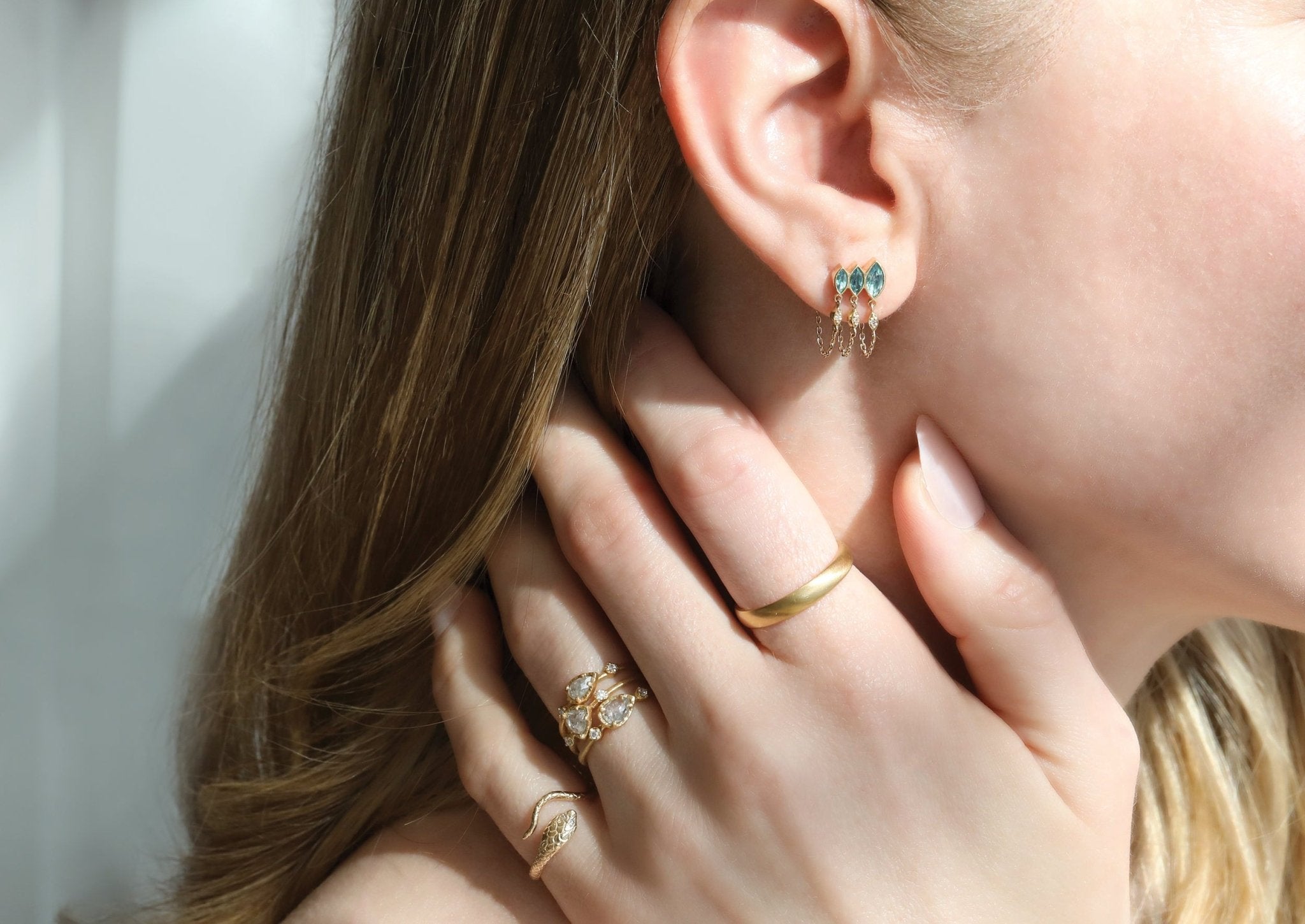 Gold Triple Marquise Aquamarine Chain Drop Earring