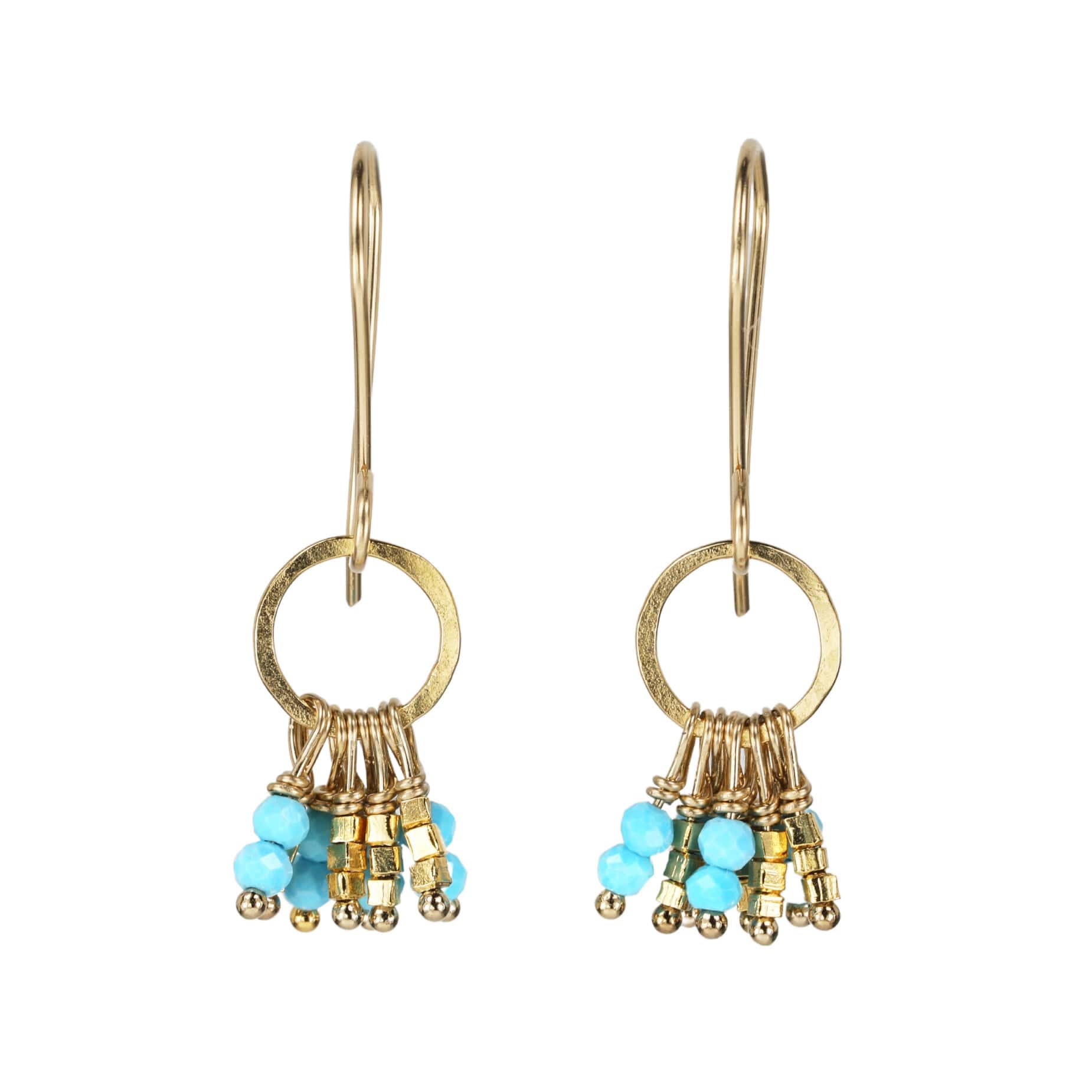 Debbie Fisher Gold Vermeil Circular Drop Earrings with Turquoise and Gold Beaded Fringe