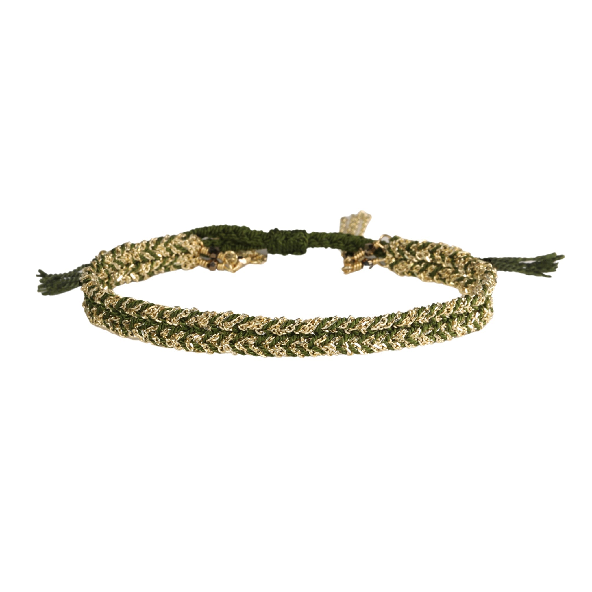 Gold Vermeil &amp; Kakhi Silk Woven Bracelet - Peridot Fine Jewelry - Marie Laure Chamorel