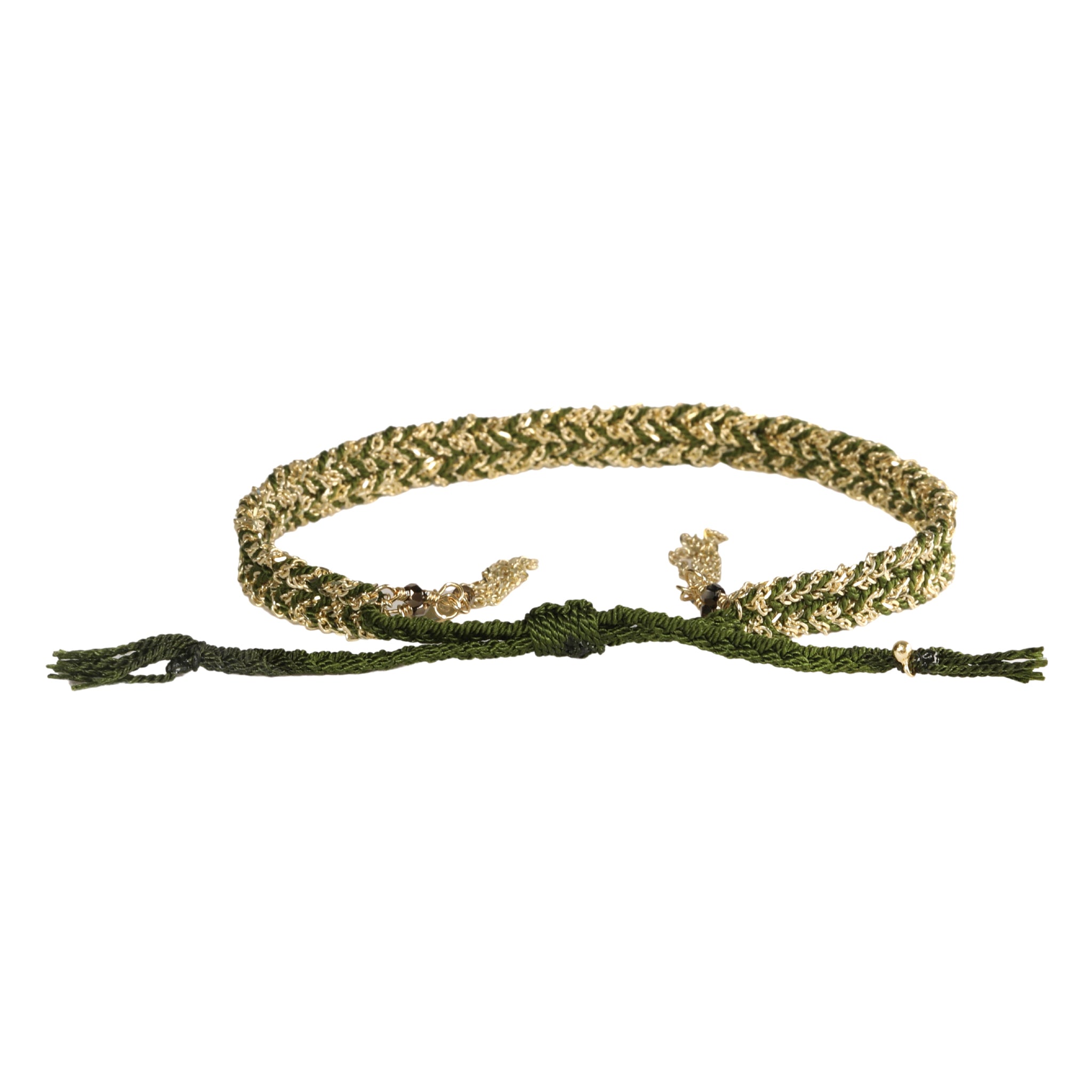 Gold Vermeil & Kakhi Silk Woven Bracelet - Peridot Fine Jewelry - Marie Laure Chamorel