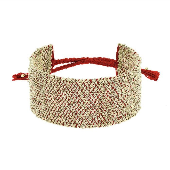 Gold Vermeil &amp; Red Silk Woven Wide Bracelet - Peridot Fine Jewelry - Marie Laure Chamorel