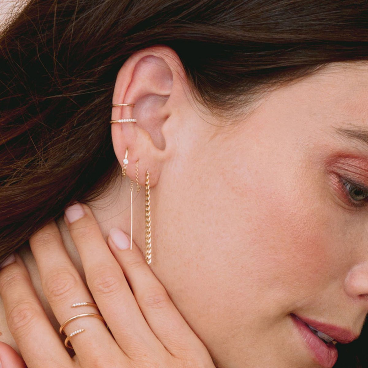 Zoe Chicco Gold Wire &amp; Chain Huggie Hoops with Diamond Center