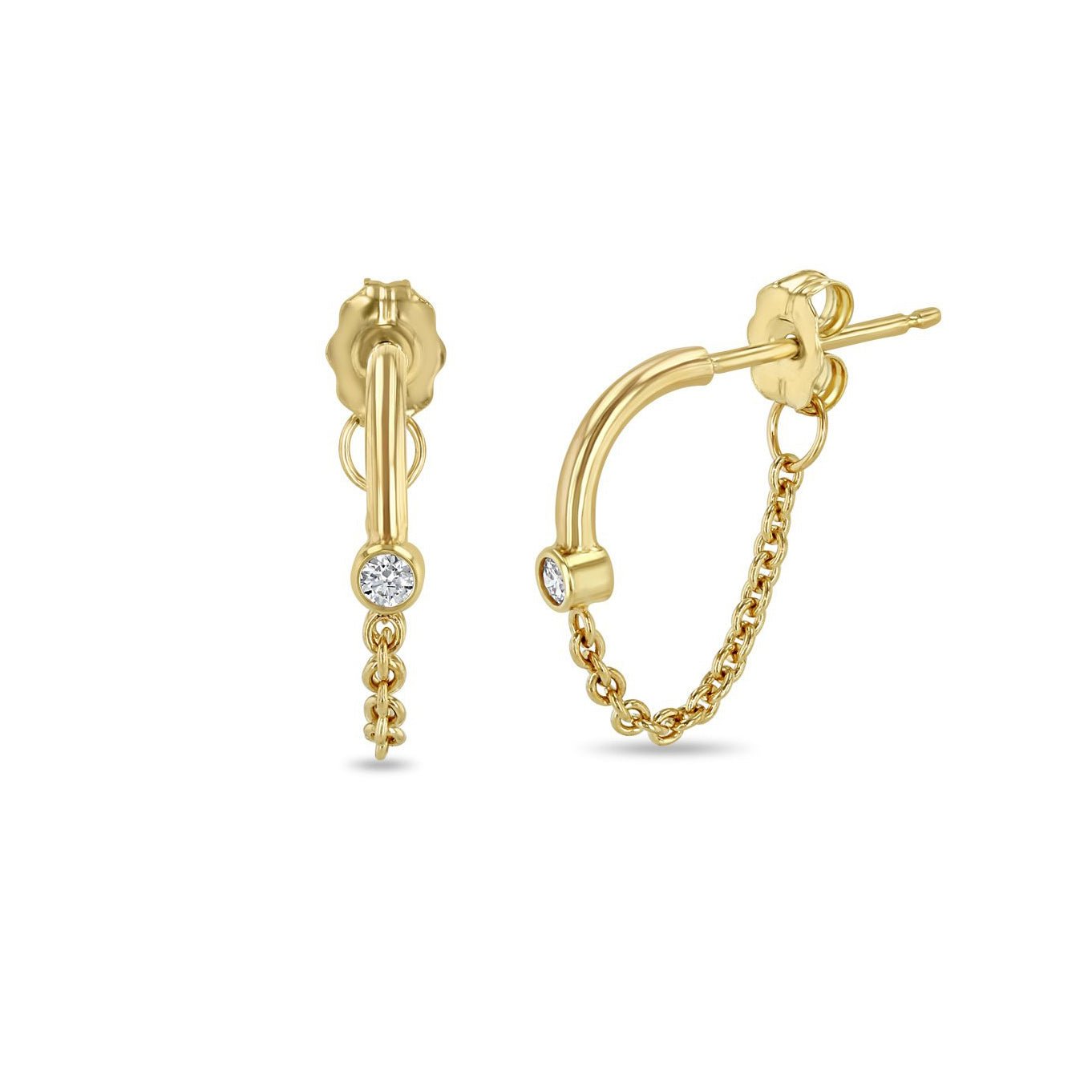 Zoe Chicco Gold Wire &amp; Chain Huggie Hoops with Diamond Center