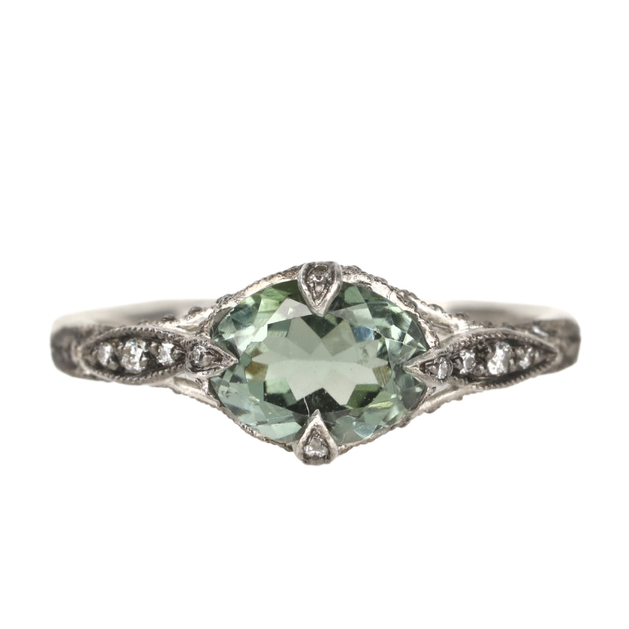 Cathy Waterman Platinum &amp; Pave Diamond &quot;Petal Side&quot; Ring with Green Tourmaline Center