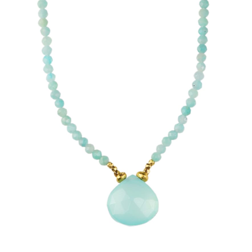 Debbie Fisher Grey Seed and Amazonite Beaded Necklace with Calcite Drop