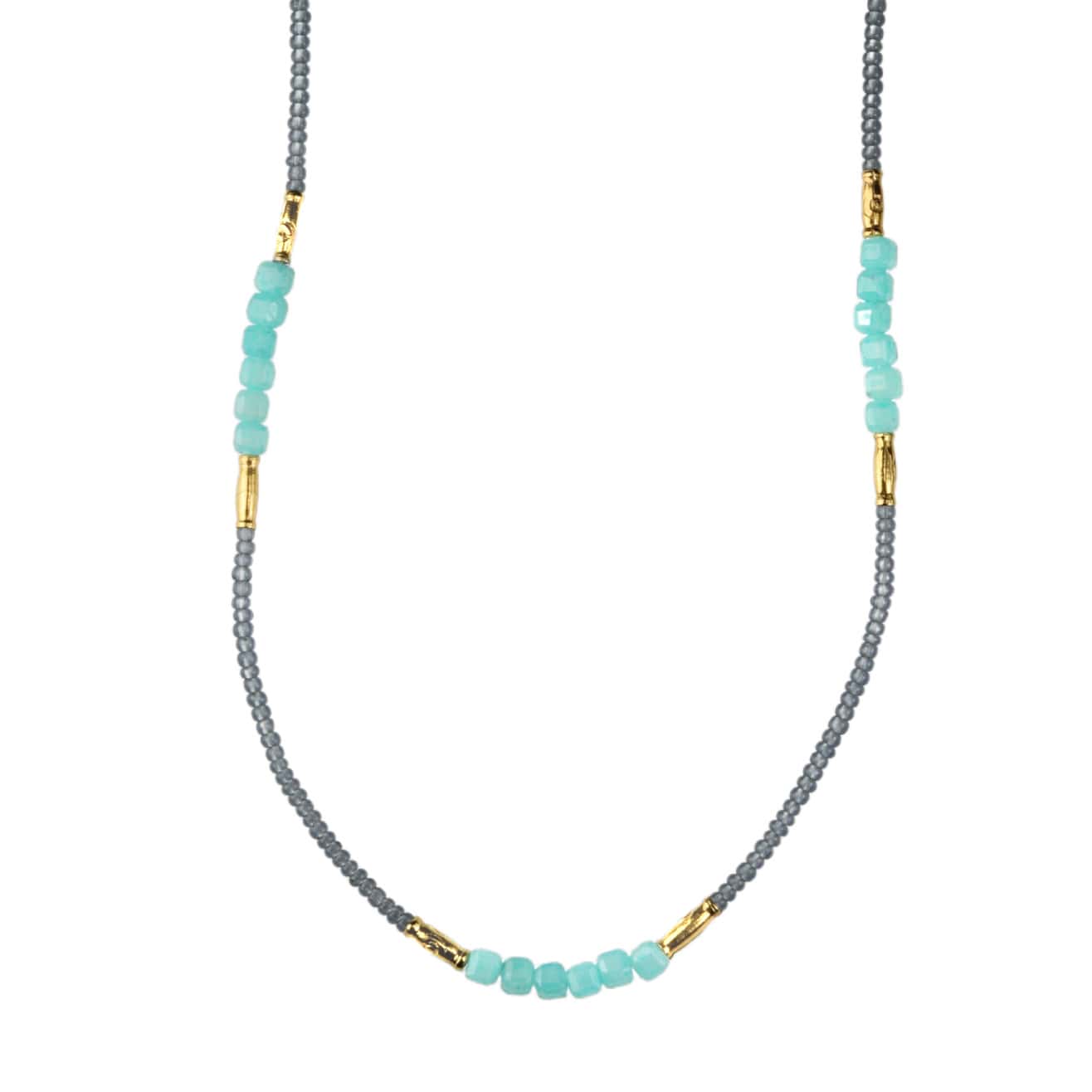 Debbie Fisher Grey Seed Bead Necklace with Amazonite &amp; Gold Vermeil Stations