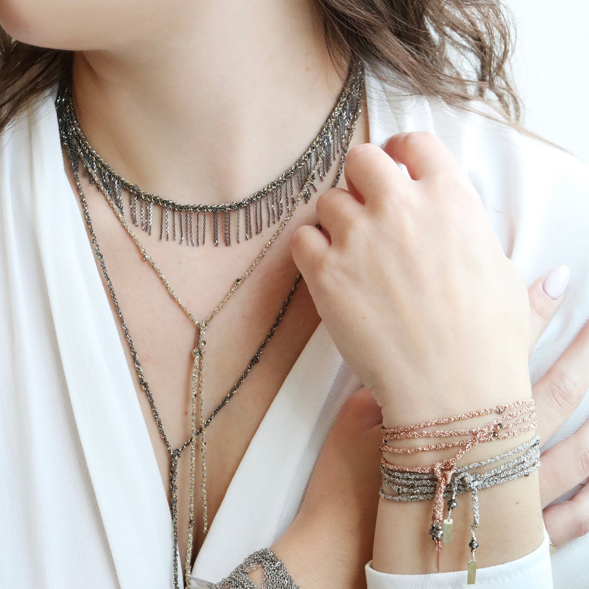 Grey Silk and Gold Vermeil Chain Woven Wrap Necklace - Peridot Fine Jewelry - Marie Laure Chamorel