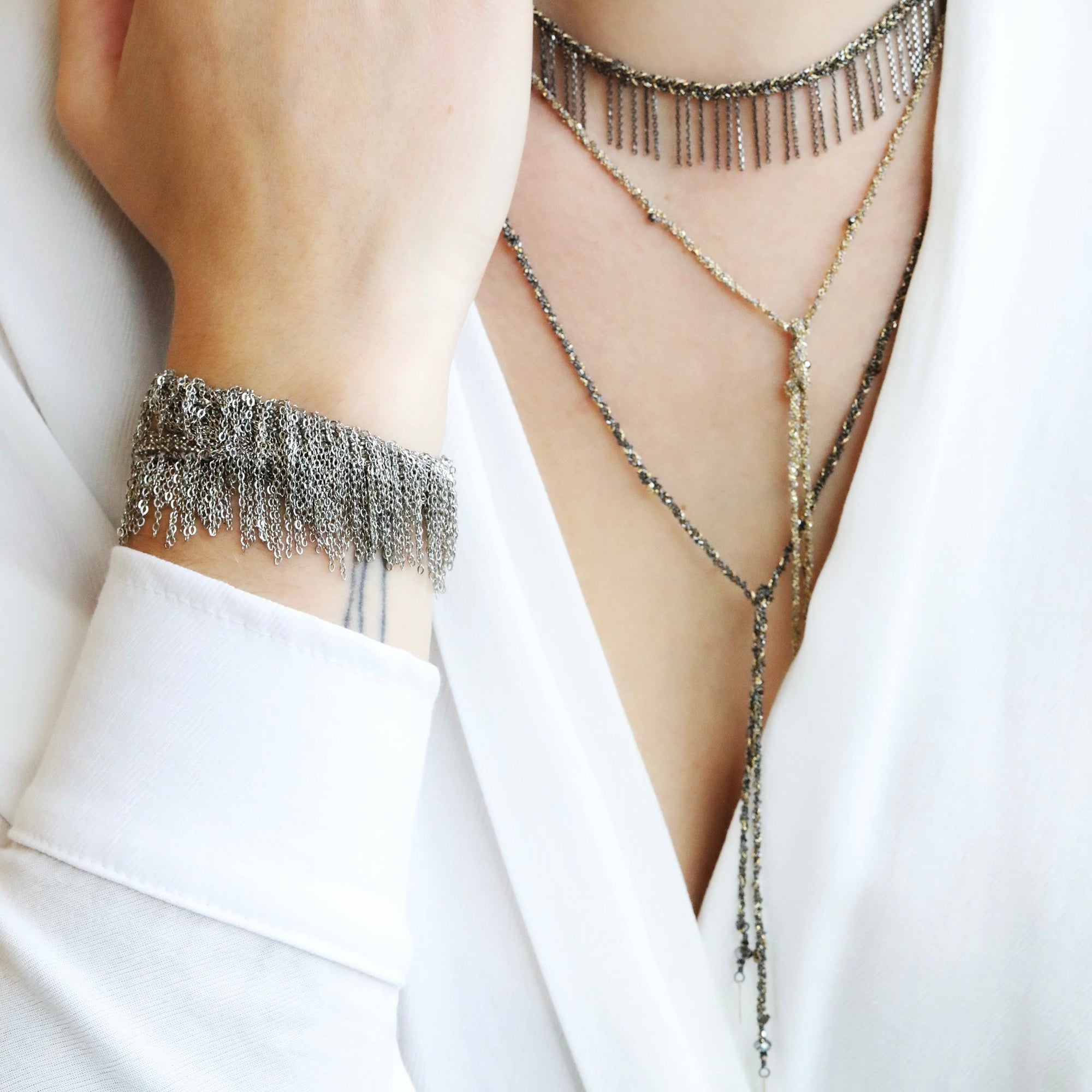 Grey Silk and Gold Vermeil Chain Woven Wrap Necklace - Peridot Fine Jewelry - Marie Laure Chamorel