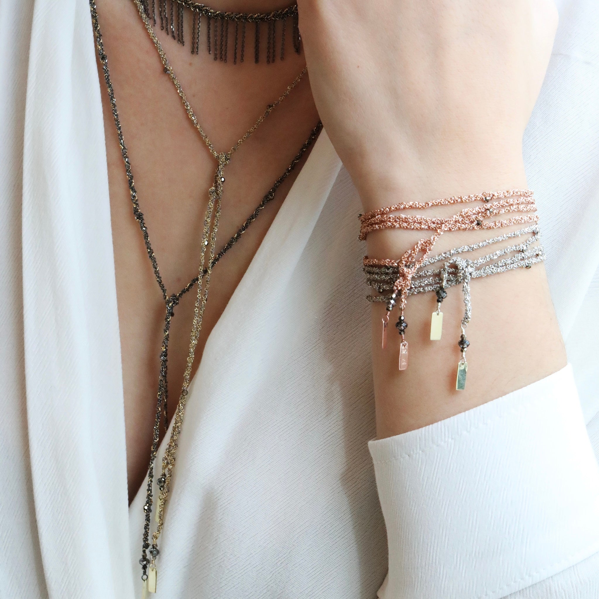 Grey Silk and Silver Chain Woven Wrap Bracelet - Peridot Fine Jewelry - Marie Laure Chamorel