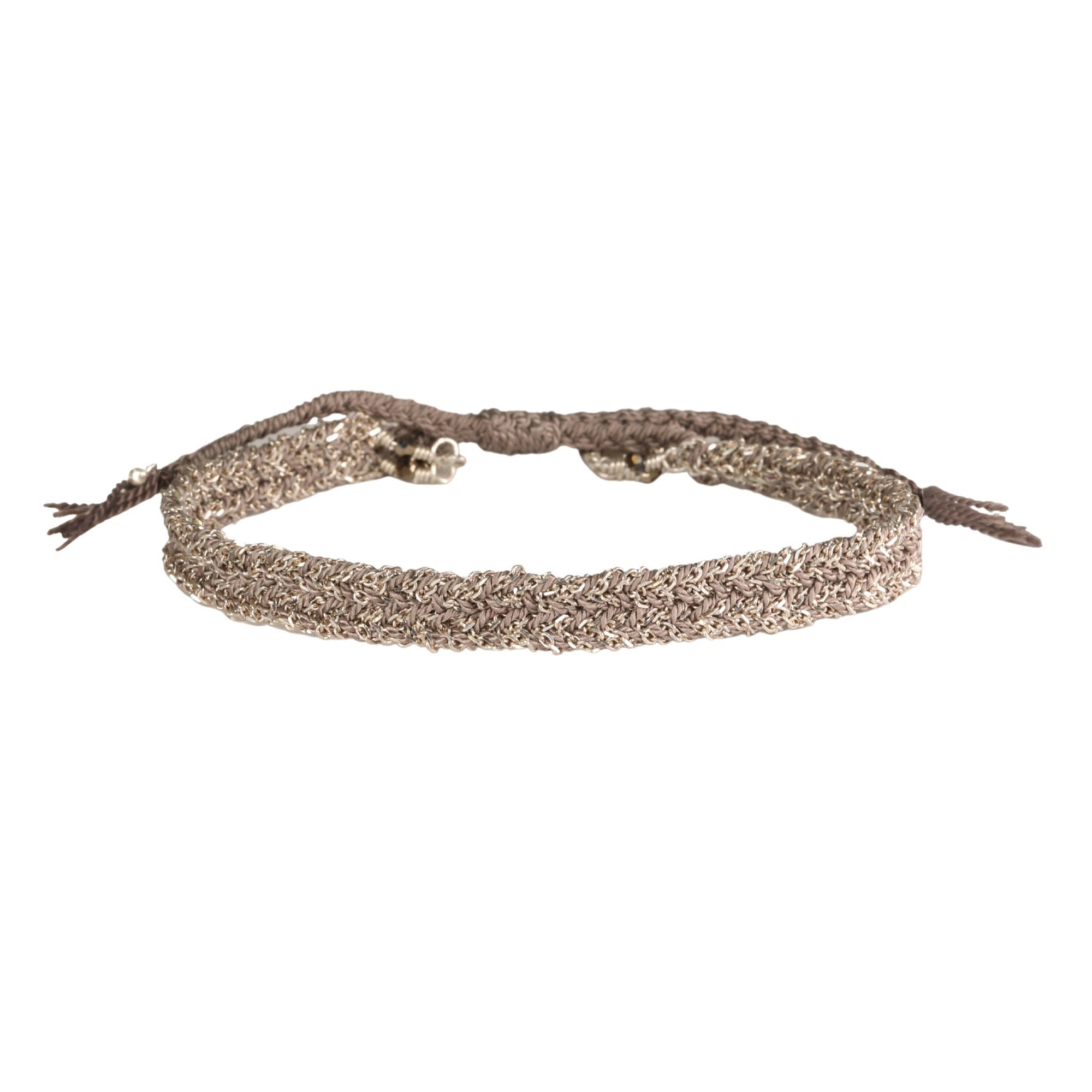 Grey Silk and Sterling Silver Chain Woven Bracelet - Peridot Fine Jewelry - Marie Laure Chamorel