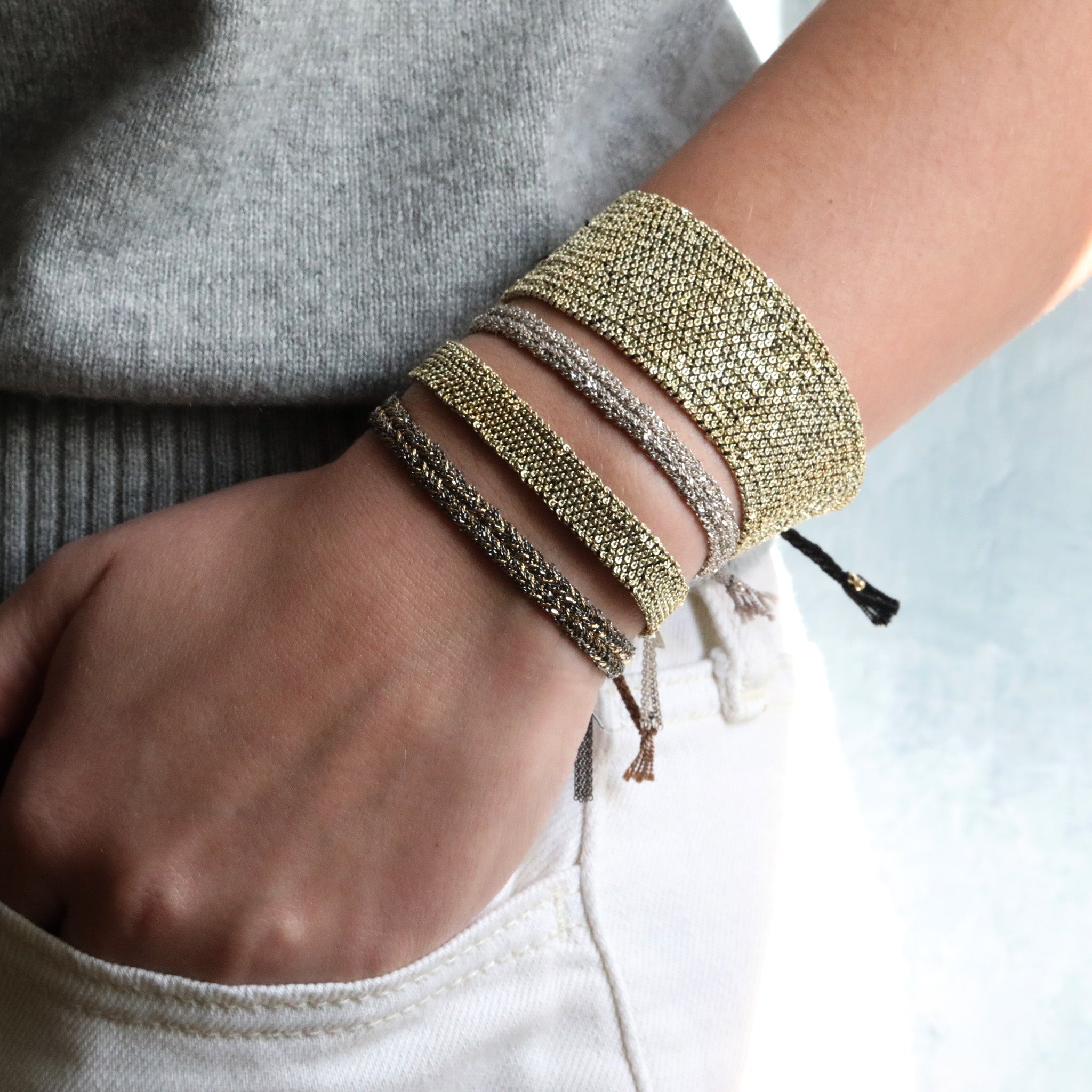 Grey Silk and Sterling Silver Chain Woven Bracelet - Peridot Fine Jewelry - Marie Laure Chamorel